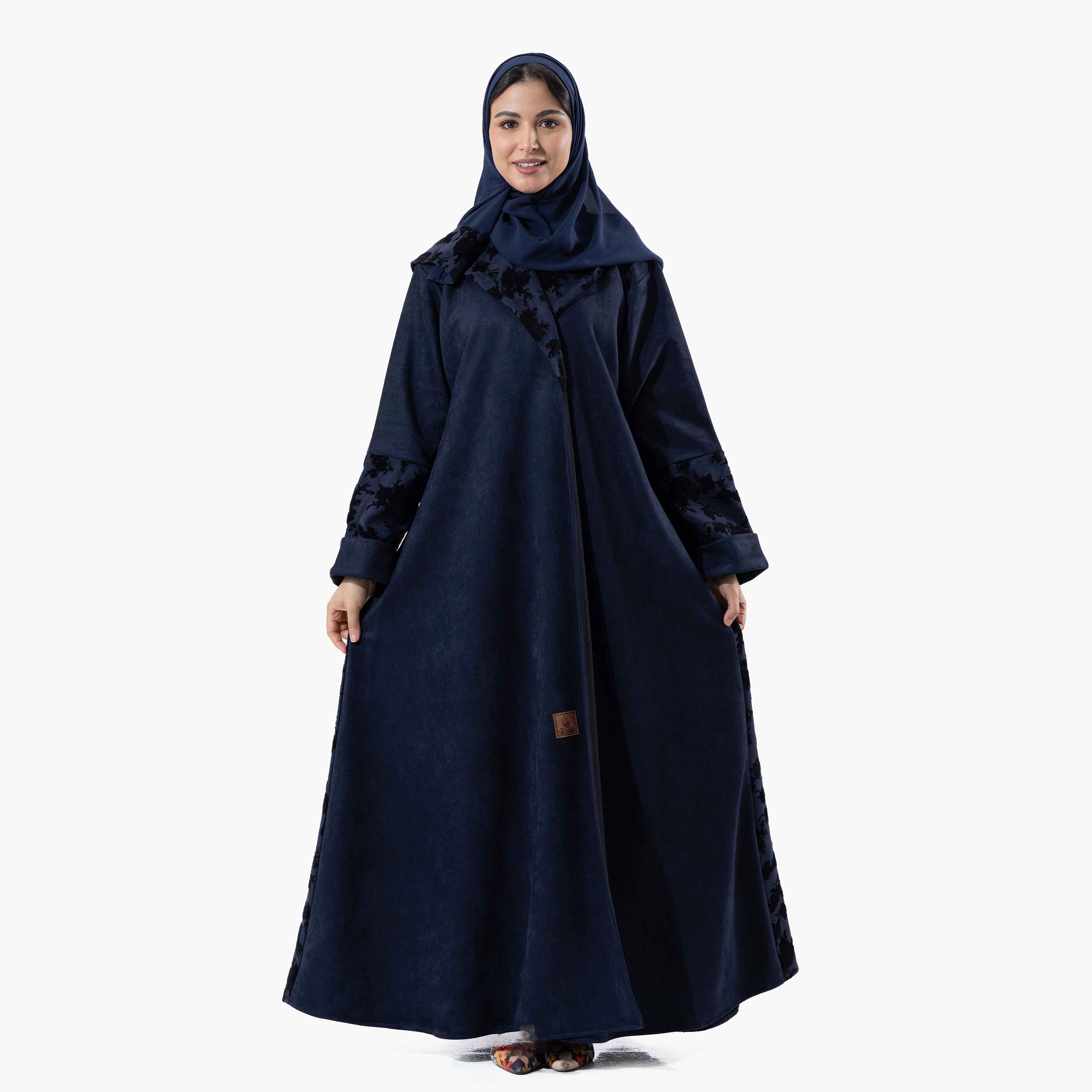 Zahiyh Navy Blue Printed Lapel Collared Roll Cuff Sleeves Women's Winter Abaya with Tarha-women-arabicclothing-abayas-image-1