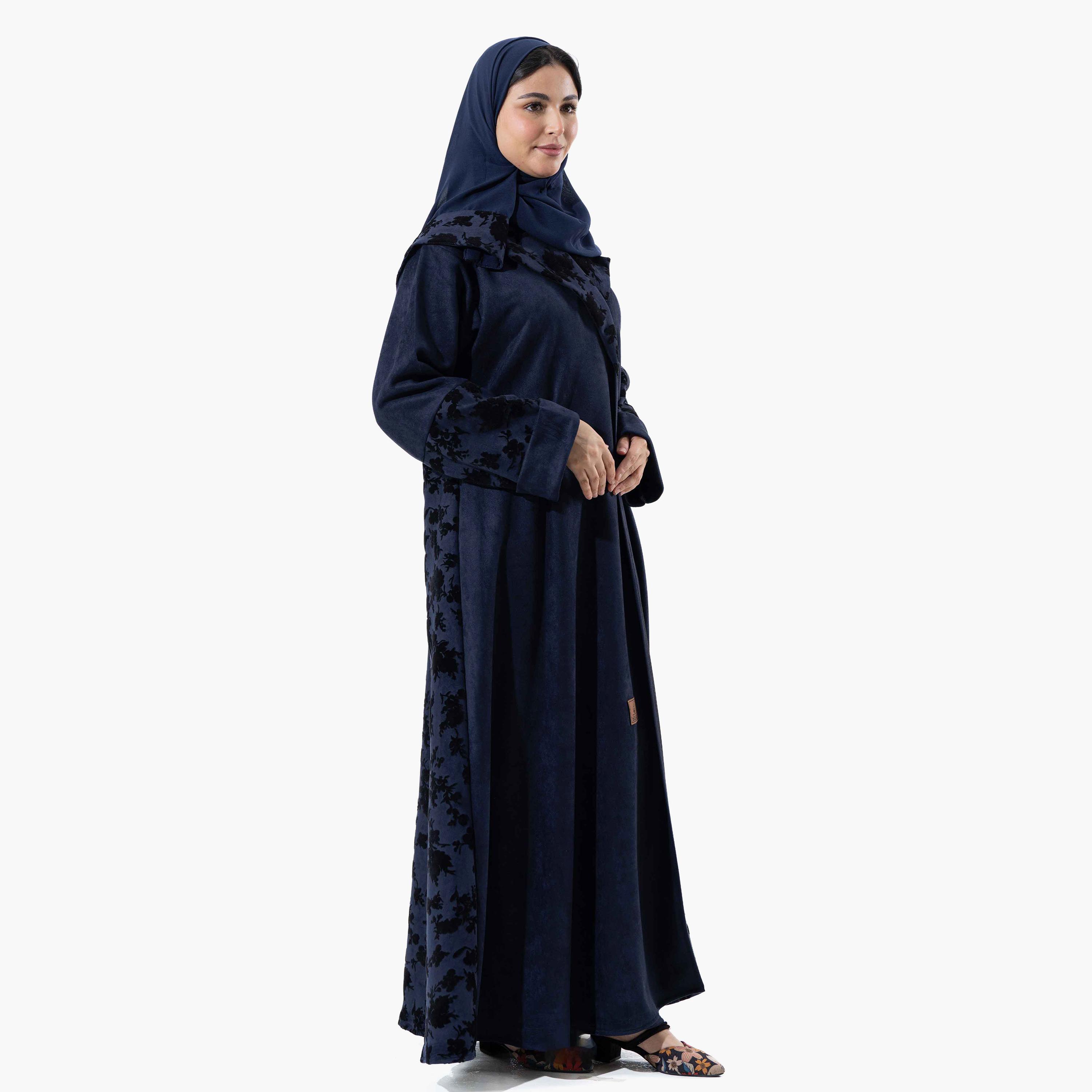 Zahiyh Navy Blue Printed Lapel Collared Roll Cuff Sleeves Women's Winter Abaya with Tarha-women-arabicclothing-abayas-image-2