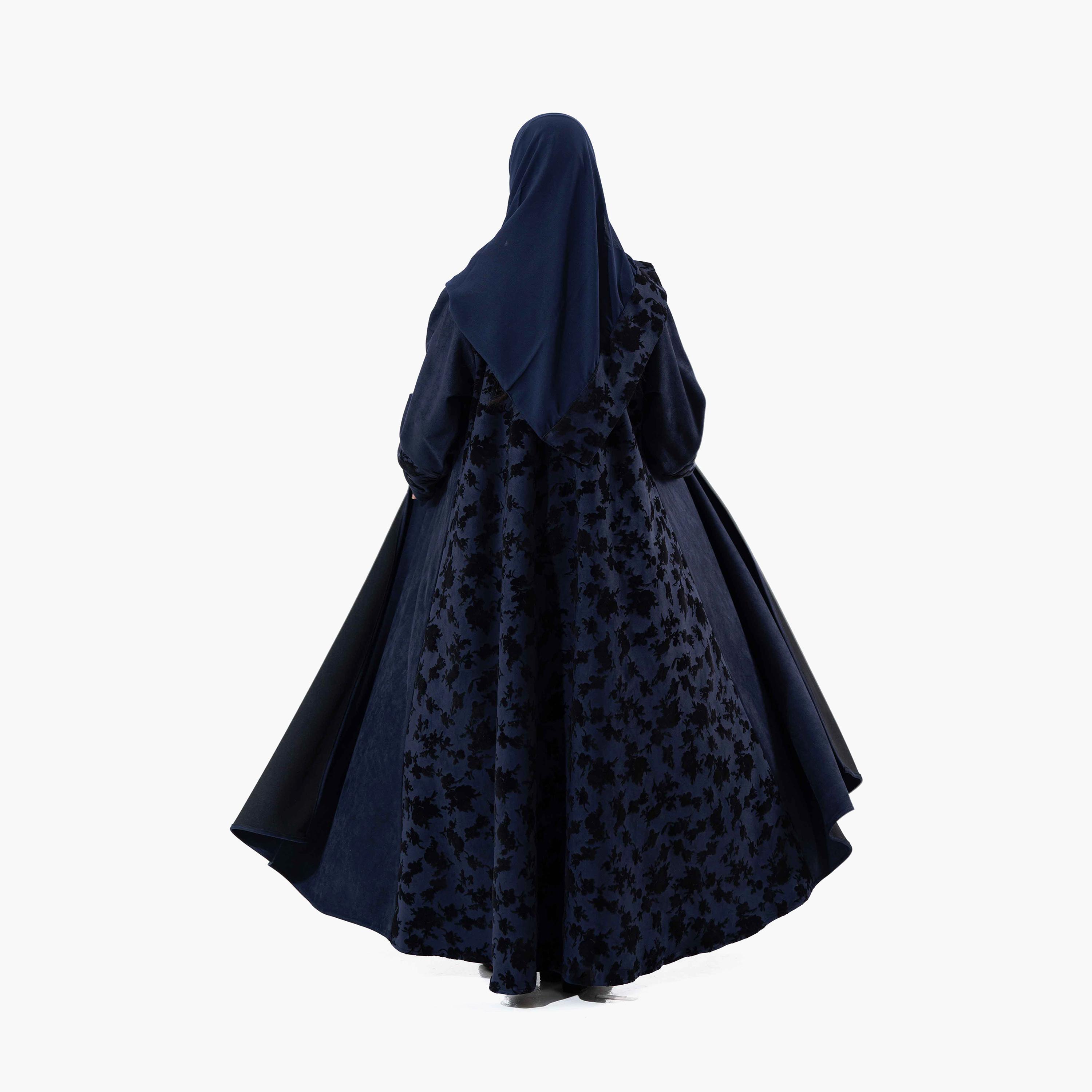 Zahiyh Navy Blue Printed Lapel Collared Roll Cuff Sleeves Women's Winter Abaya with Tarha-women-arabicclothing-abayas-image-3