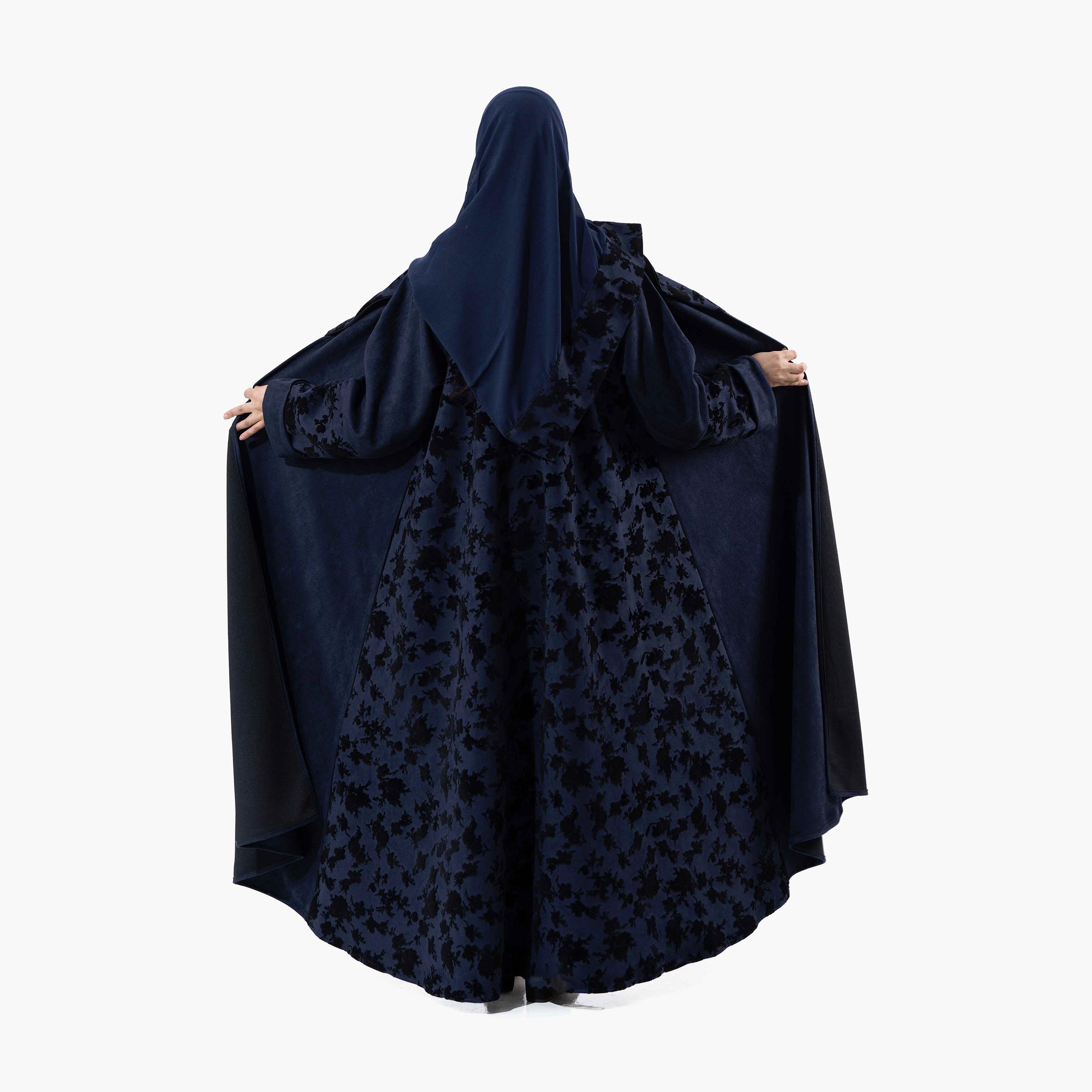 Zahiyh Navy Blue Printed Lapel Collared Roll Cuff Sleeves Women's Winter Abaya with Tarha-women-arabicclothing-abayas-image-4