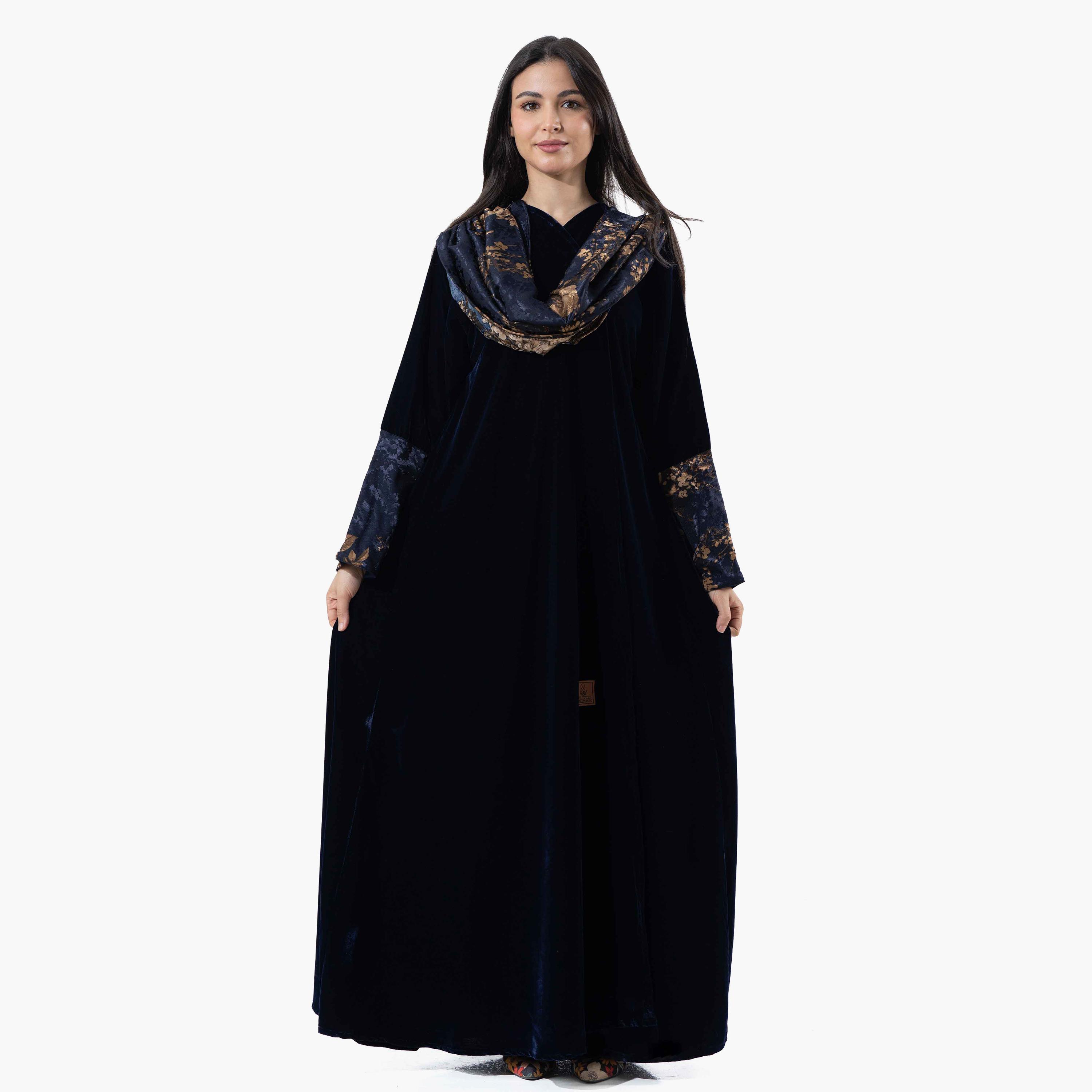 Zahiyh Navy Blue Printed Wide Sleeves Velvet Women's Winter Abaya with Tarha-women-arabicclothing-abayas-image-1