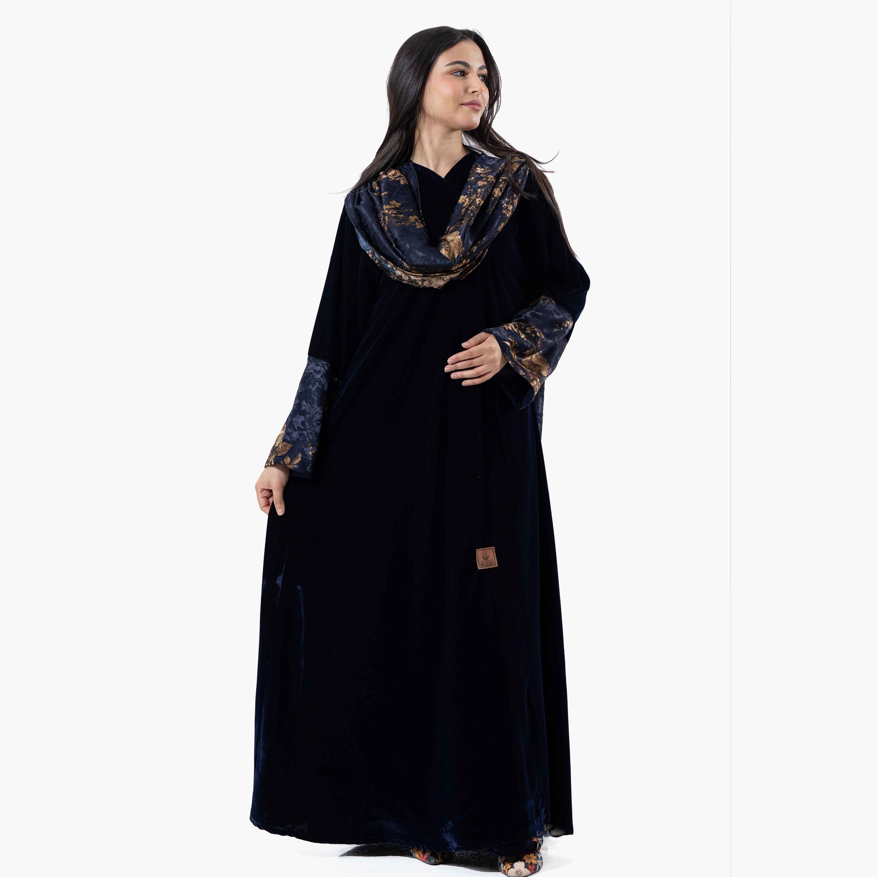 Zahiyh Navy Blue Printed Wide Sleeves Velvet Women's Winter Abaya with Tarha-women-arabicclothing-abayas-image-2