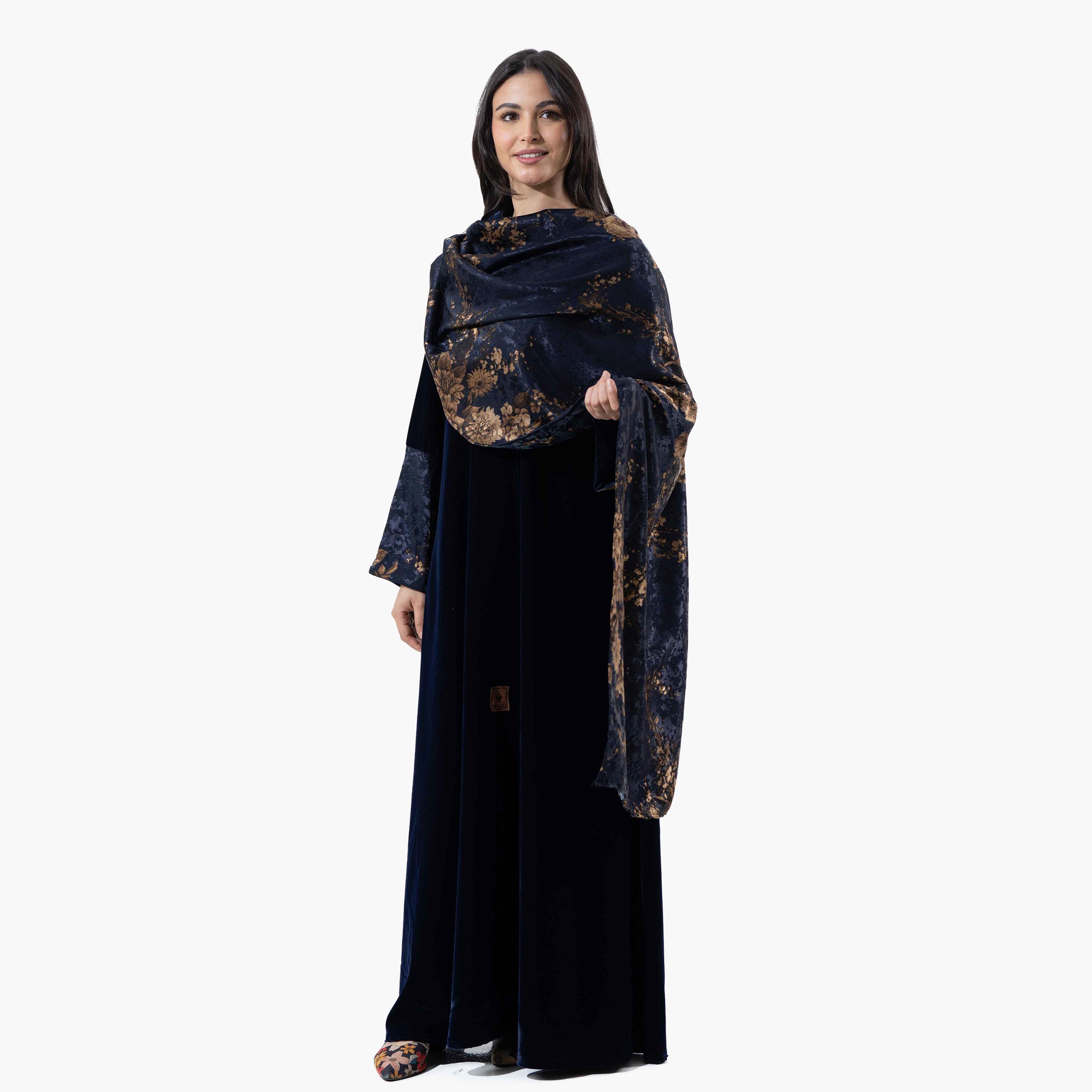 Zahiyh Navy Blue Printed Wide Sleeves Velvet Women's Winter Abaya with Tarha-women-arabicclothing-abayas-image-3