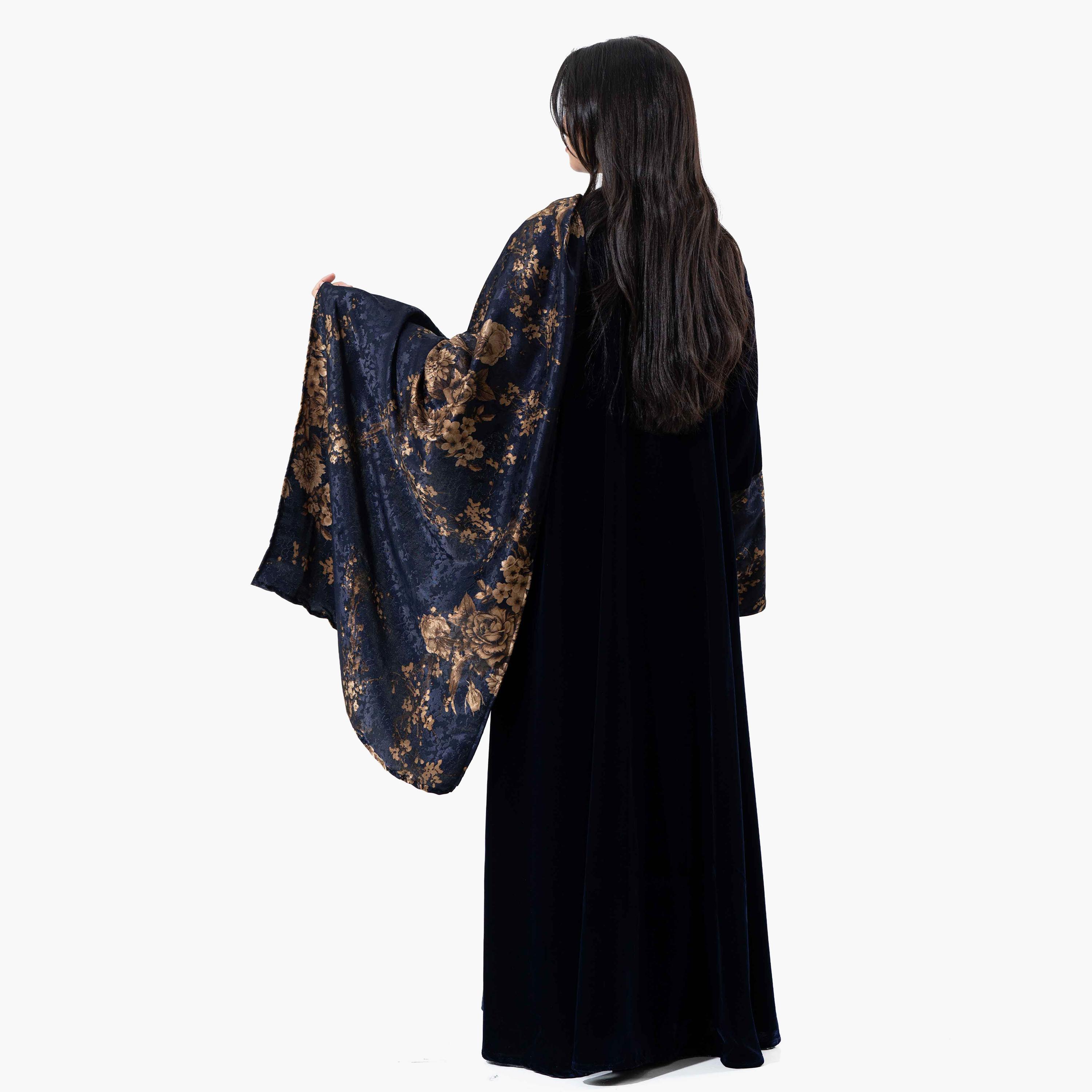 Zahiyh Navy Blue Printed Wide Sleeves Velvet Women's Winter Abaya with Tarha-women-arabicclothing-abayas-image-4
