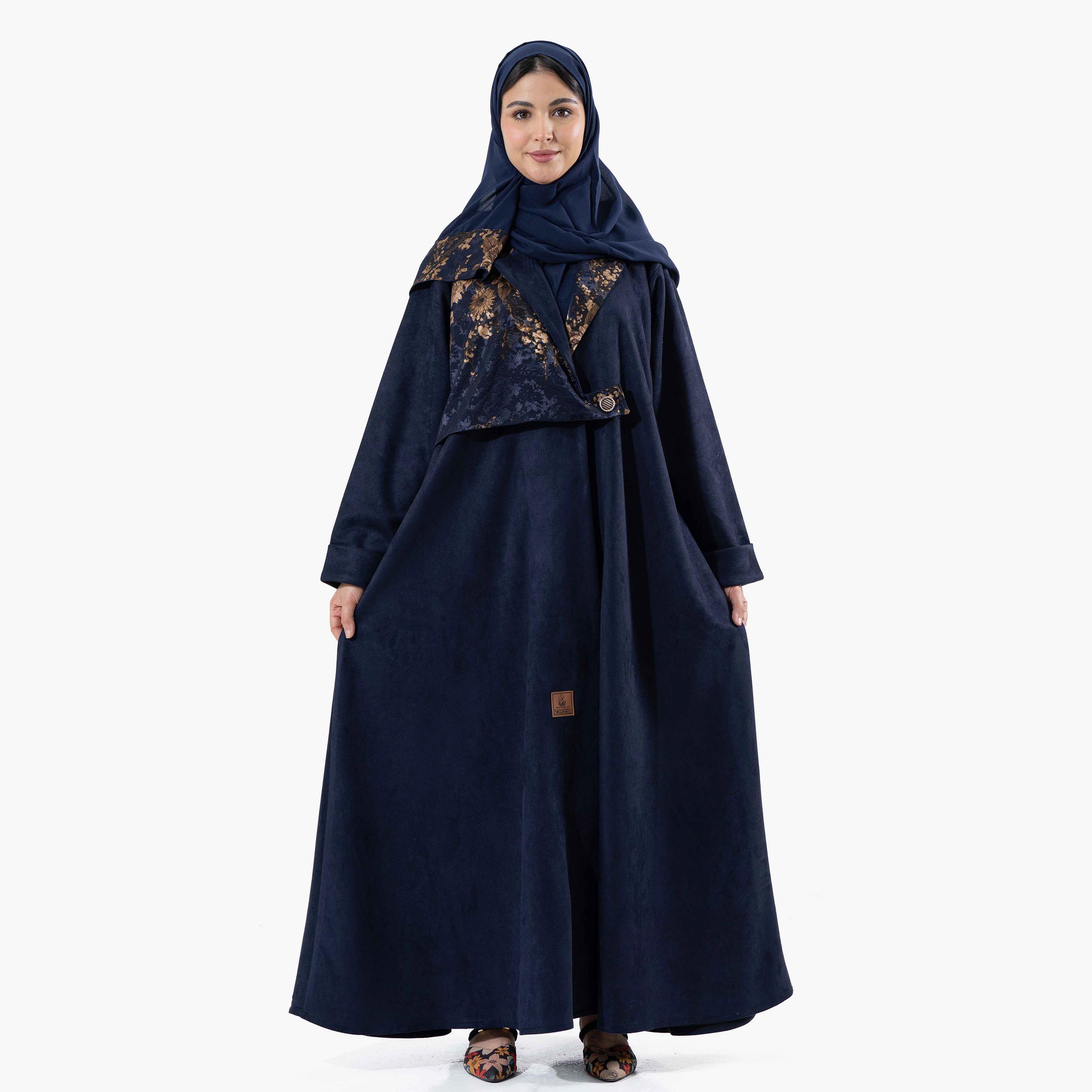 Zahiyh Printed Lapel Collared Roll Cuff Sleeves Women's Winter Abaya with Tarha-women-arabicclothing-abayas-image-1