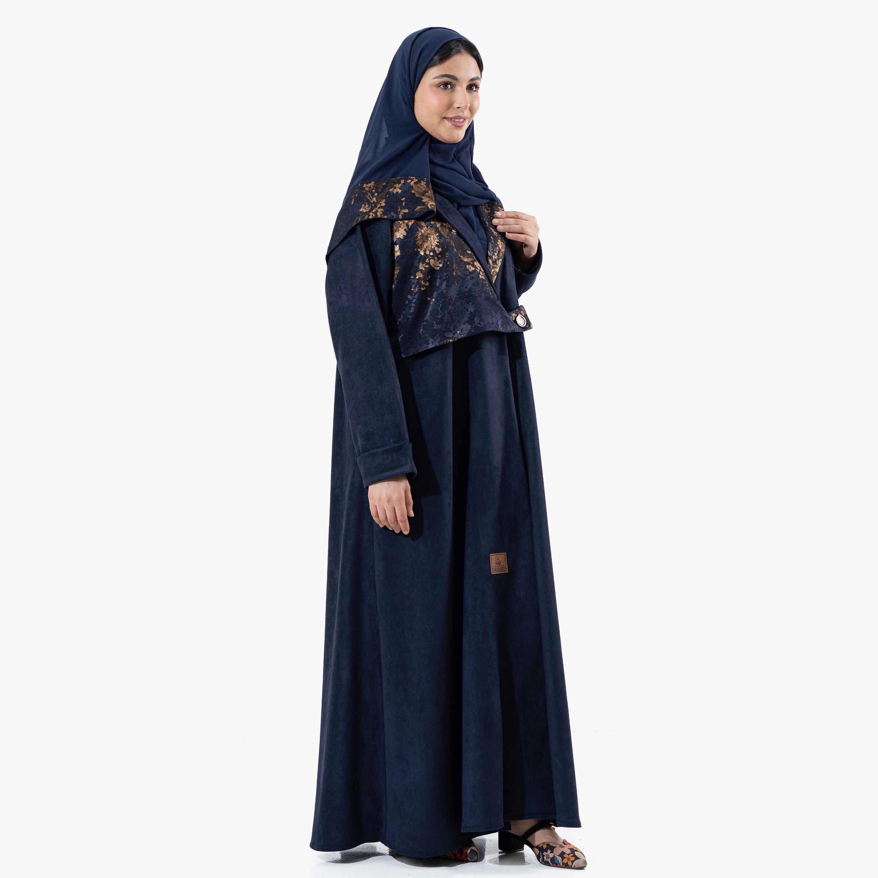 Zahiyh Printed Lapel Collared Roll Cuff Sleeves Women's Winter Abaya with Tarha-women-arabicclothing-abayas-image-2
