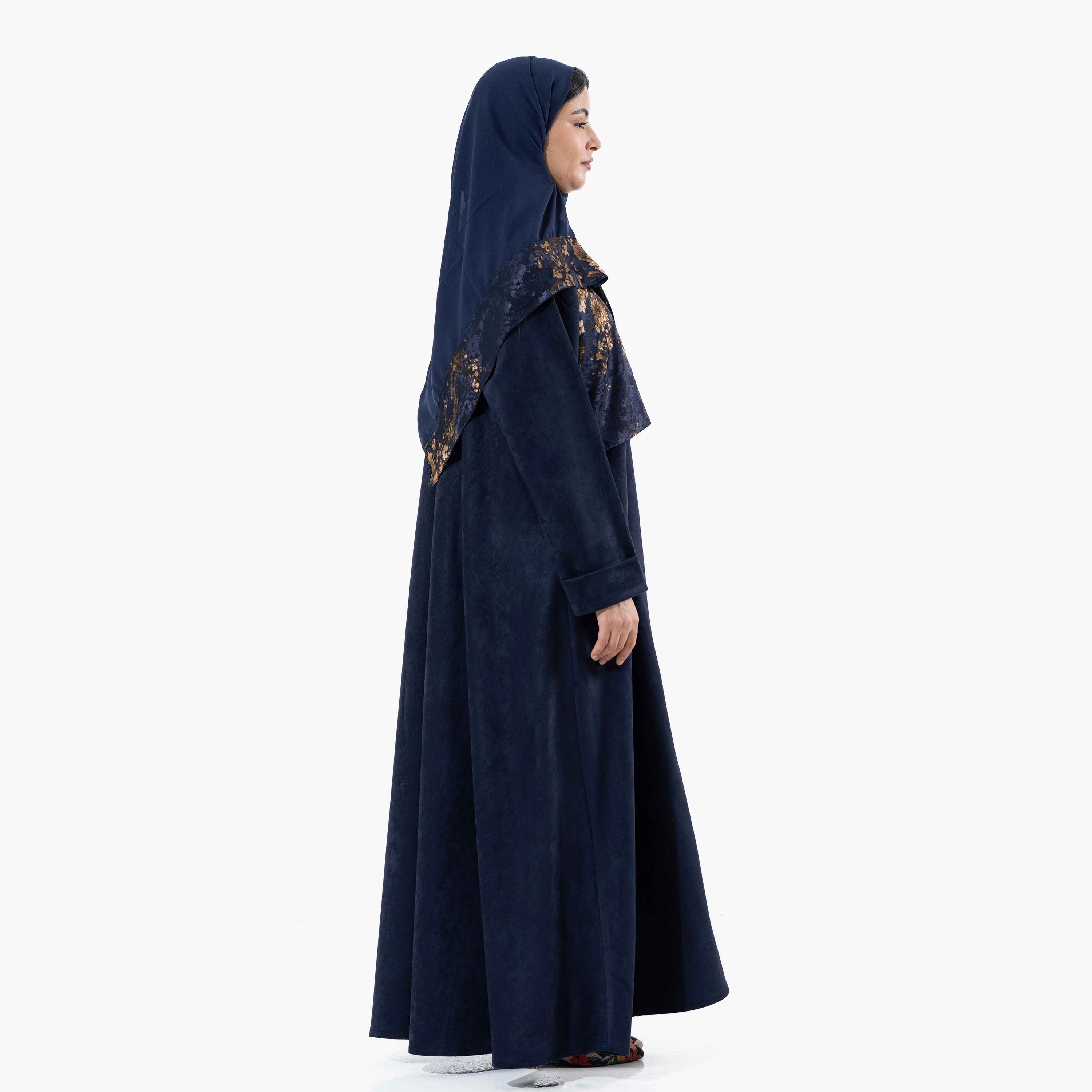 Zahiyh Printed Lapel Collared Roll Cuff Sleeves Women's Winter Abaya with Tarha-women-arabicclothing-abayas-image-3