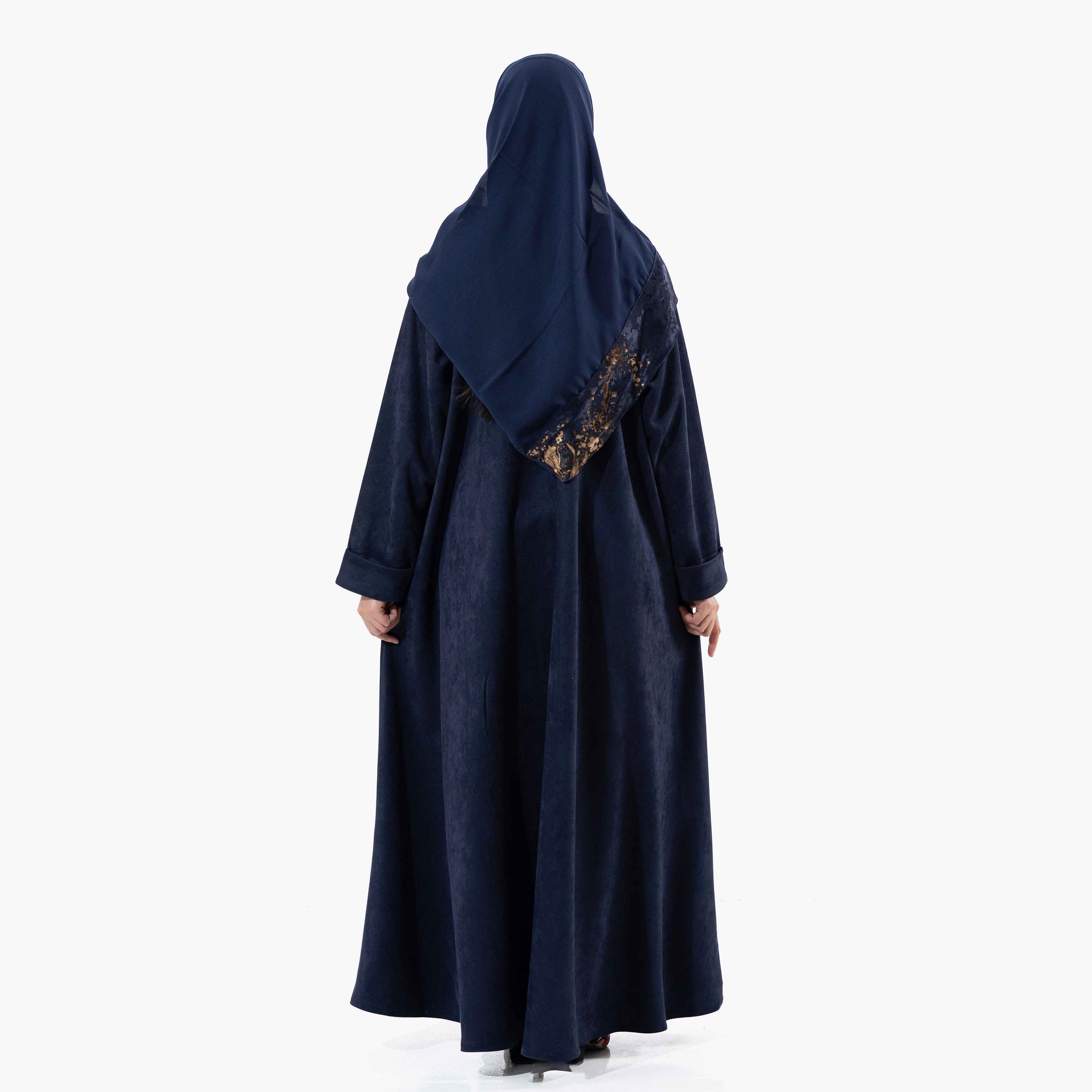 Zahiyh Printed Lapel Collared Roll Cuff Sleeves Women's Winter Abaya with Tarha-women-arabicclothing-abayas-image-4