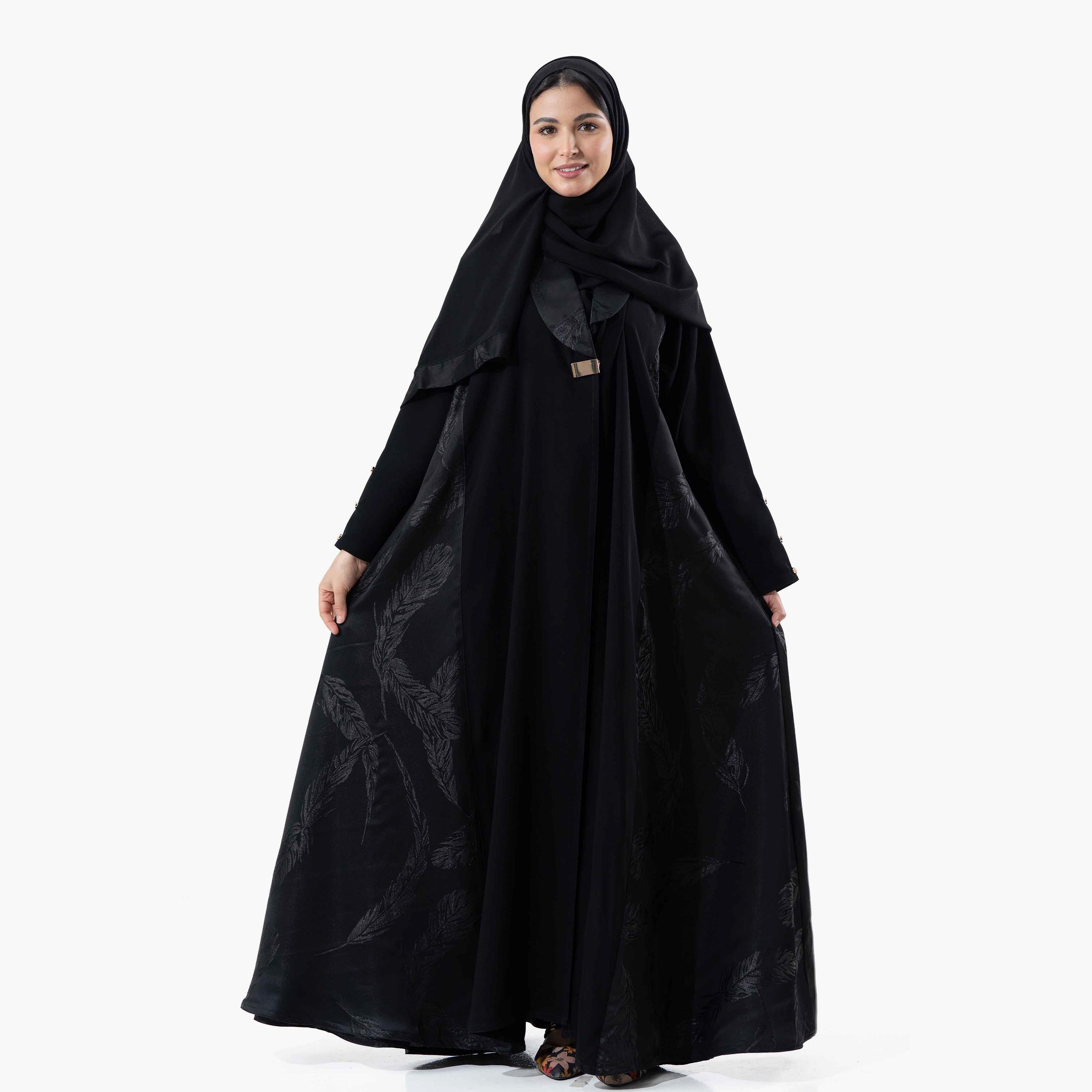 Zahiyh Black Embroidered Lapel Collared Buttoned Cuff Sleeves Women's Winter Abaya with Tarha-women-arabicclothing-abayas-image-1