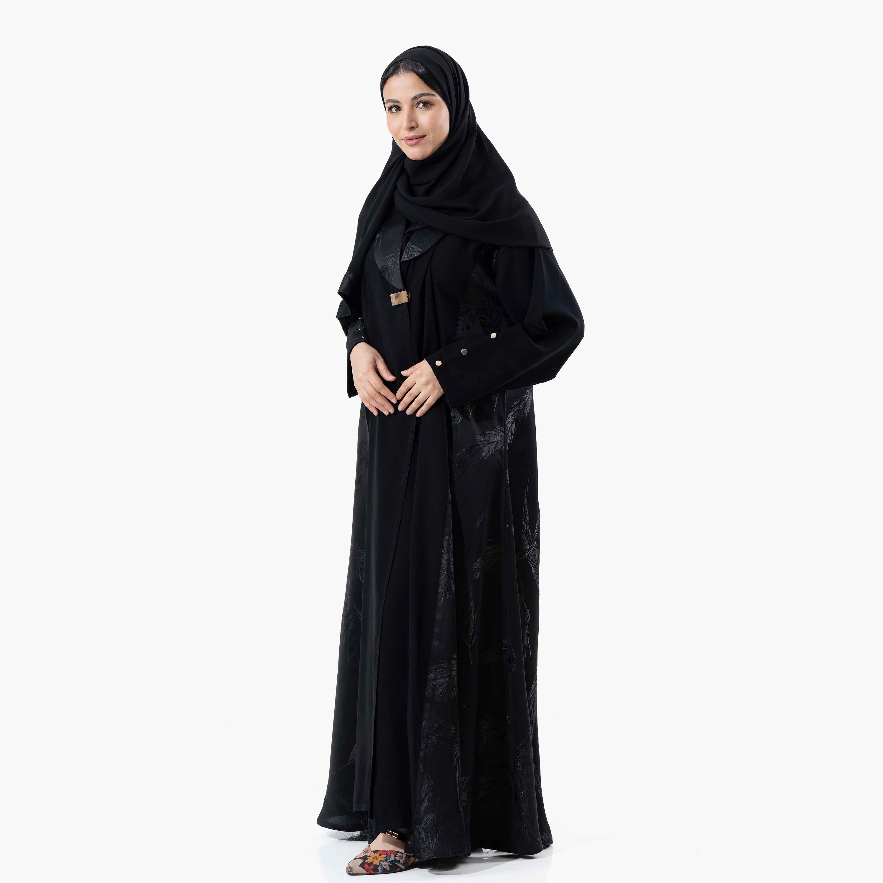 Zahiyh Black Embroidered Lapel Collared Buttoned Cuff Sleeves Women's Winter Abaya with Tarha-women-arabicclothing-abayas-image-2