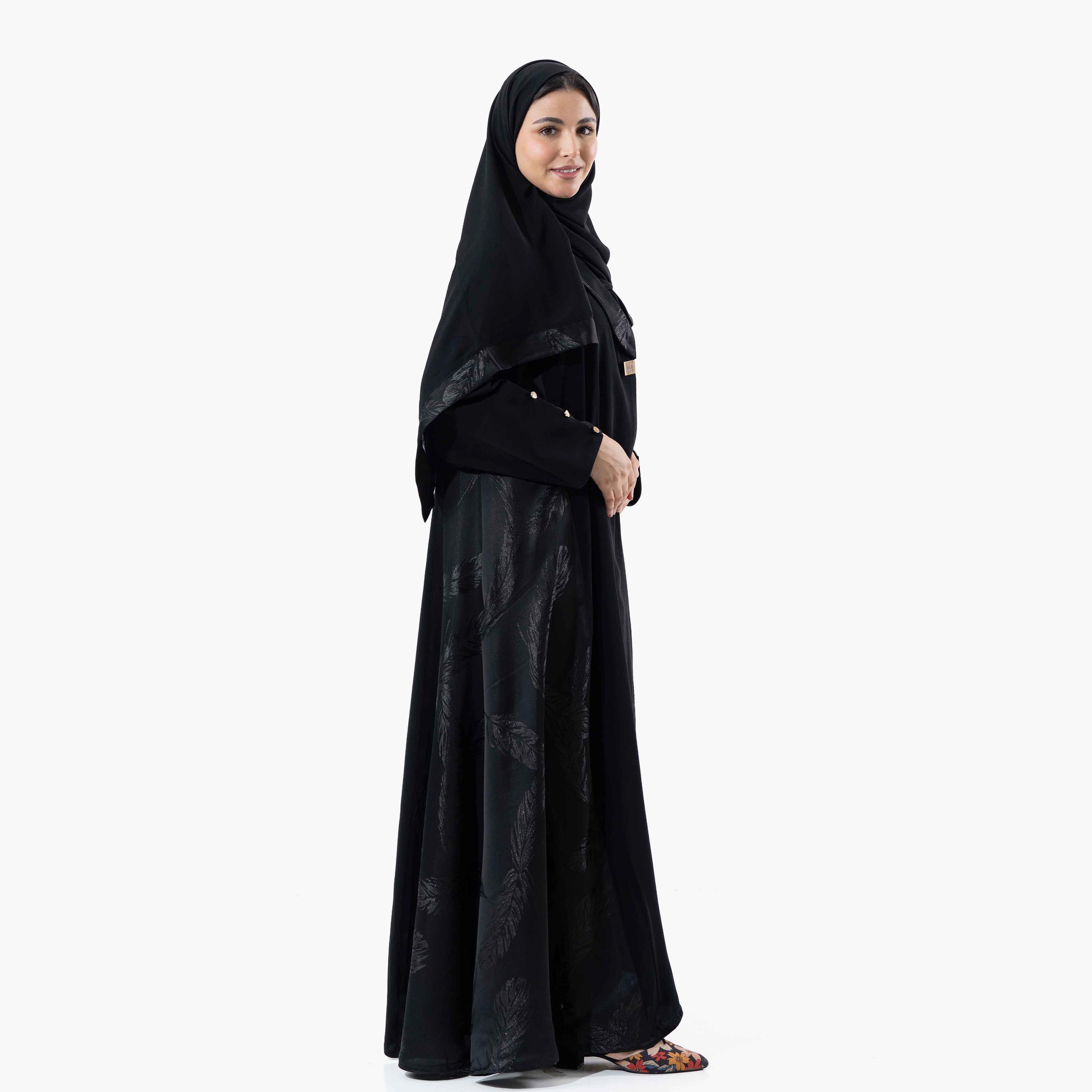 Zahiyh Black Embroidered Lapel Collared Buttoned Cuff Sleeves Women's Winter Abaya with Tarha-women-arabicclothing-abayas-image-3