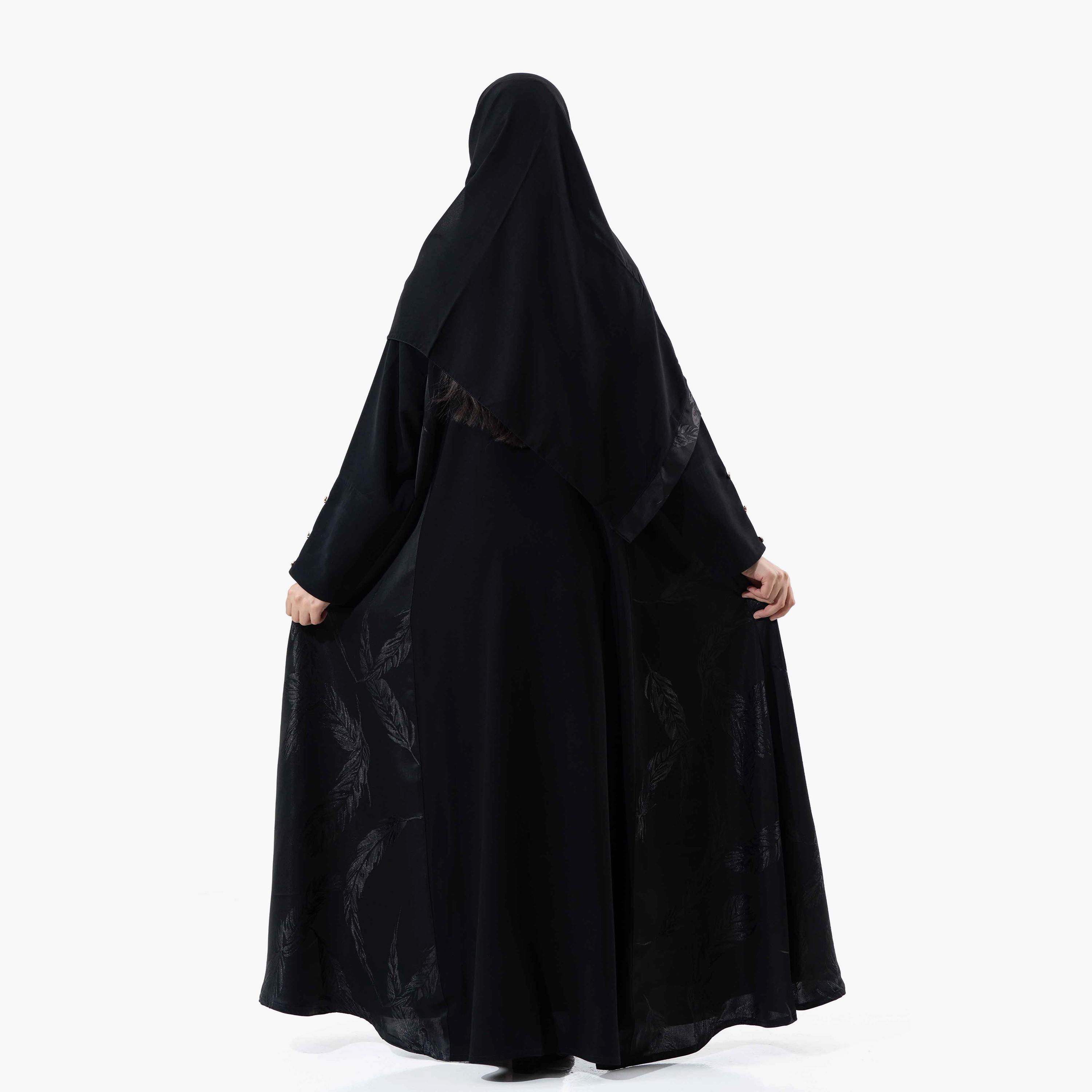 Zahiyh Black Embroidered Lapel Collared Buttoned Cuff Sleeves Women's Winter Abaya with Tarha-women-arabicclothing-abayas-image-4