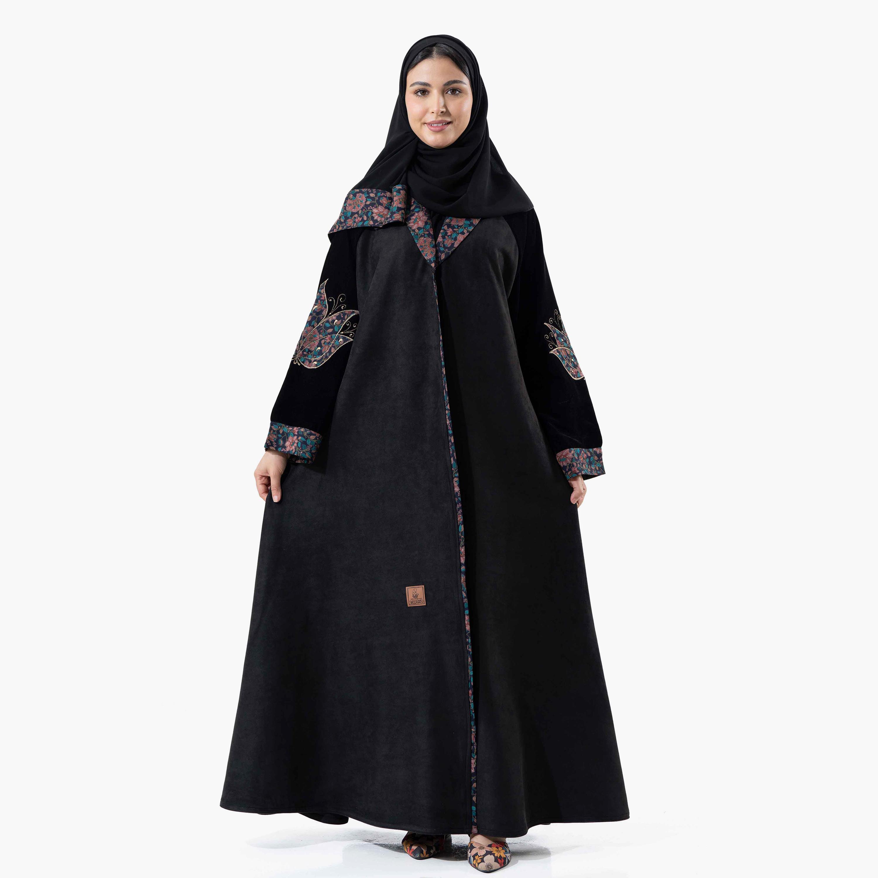 Zahiyh Black Embroidered Lapel Collared Cuff Sleeves Women's Winter Abaya with Tarha-women-arabicclothing-abayas-image-1