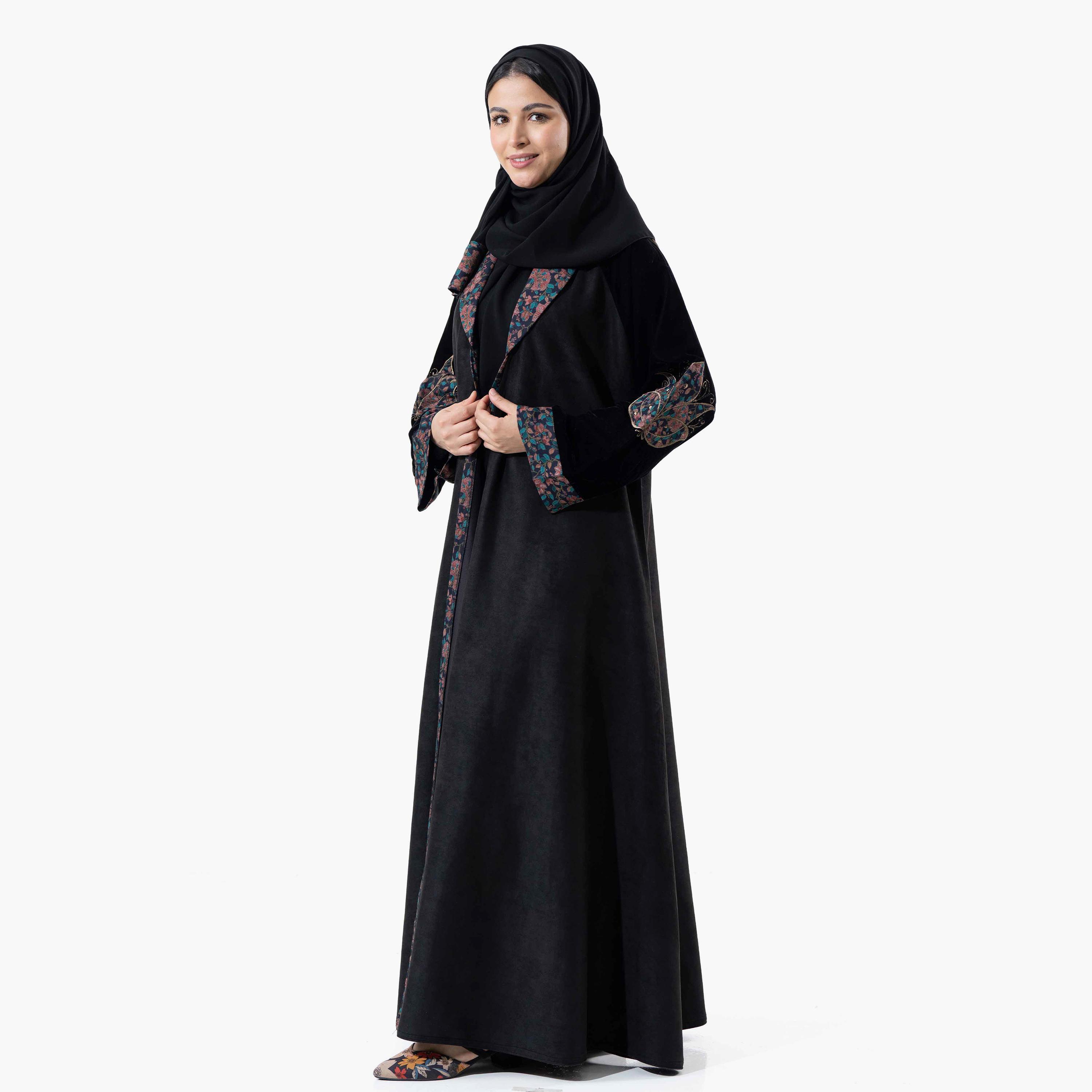 Zahiyh Black Embroidered Lapel Collared Cuff Sleeves Women's Winter Abaya with Tarha-women-arabicclothing-abayas-image-2