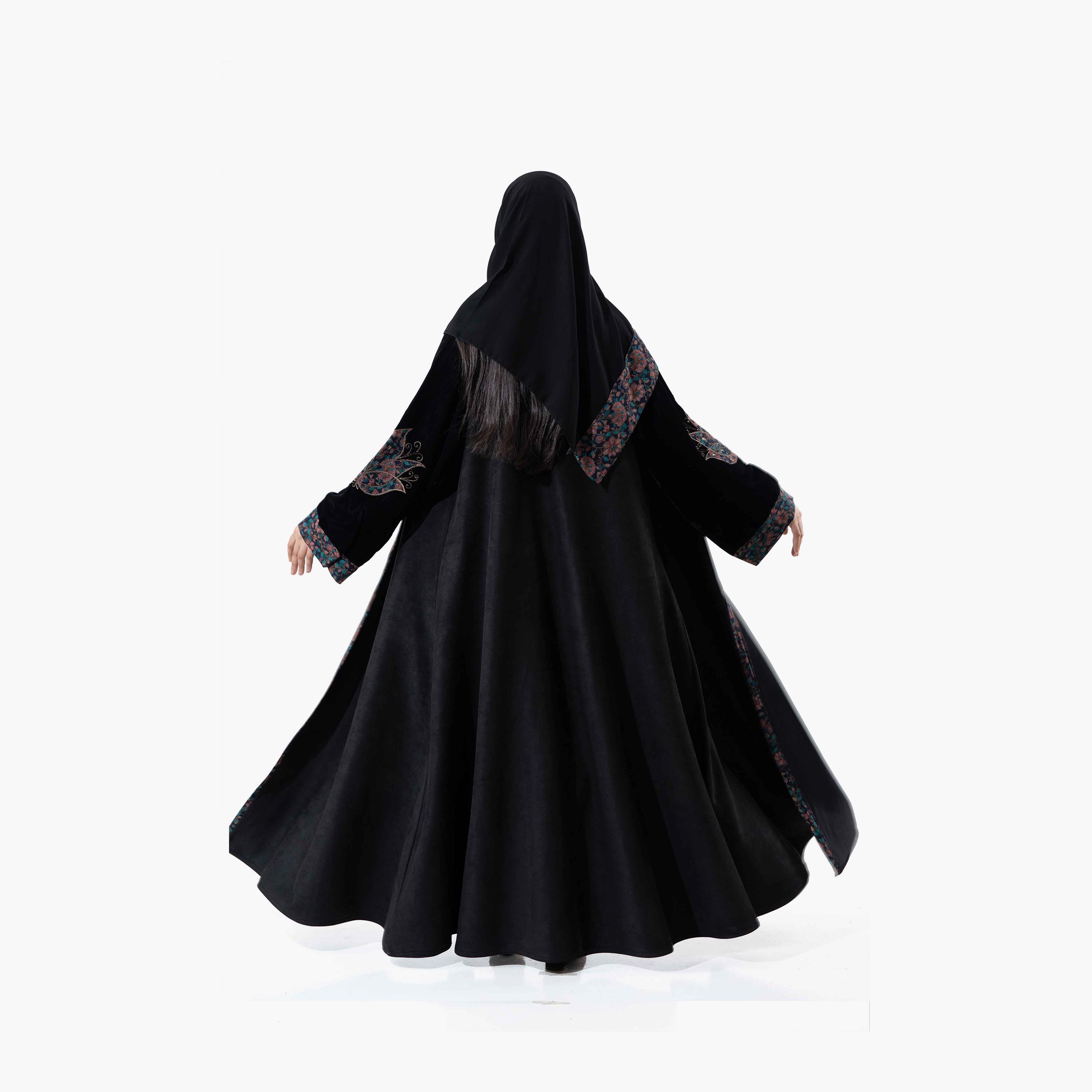 Zahiyh Black Embroidered Lapel Collared Cuff Sleeves Women's Winter Abaya with Tarha-women-arabicclothing-abayas-image-4