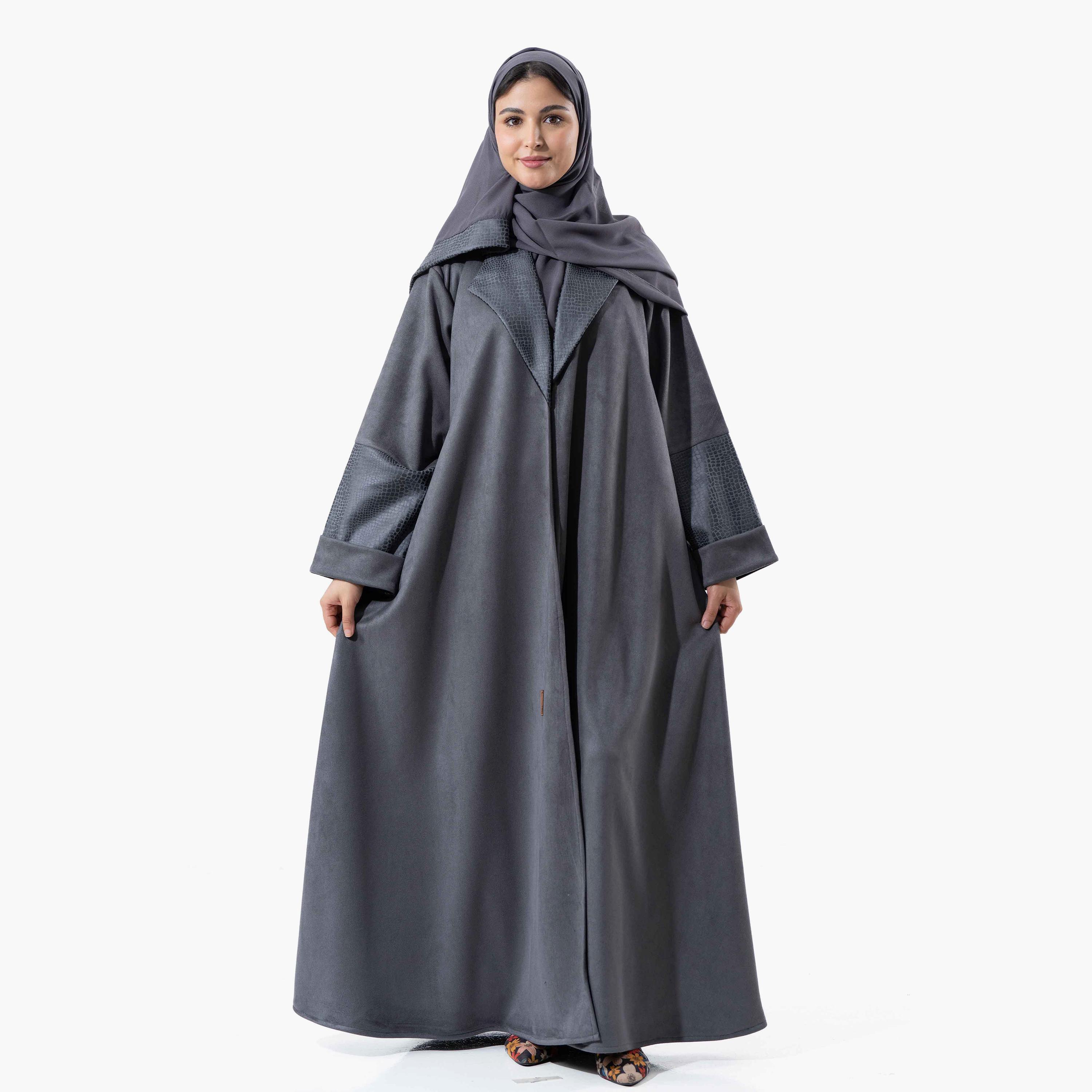 Zahiyh Grey Plain Lapel Collared Roll Cuff Sleeves Women's Winter Abaya with Tarha-women-arabicclothing-abayas-image-1