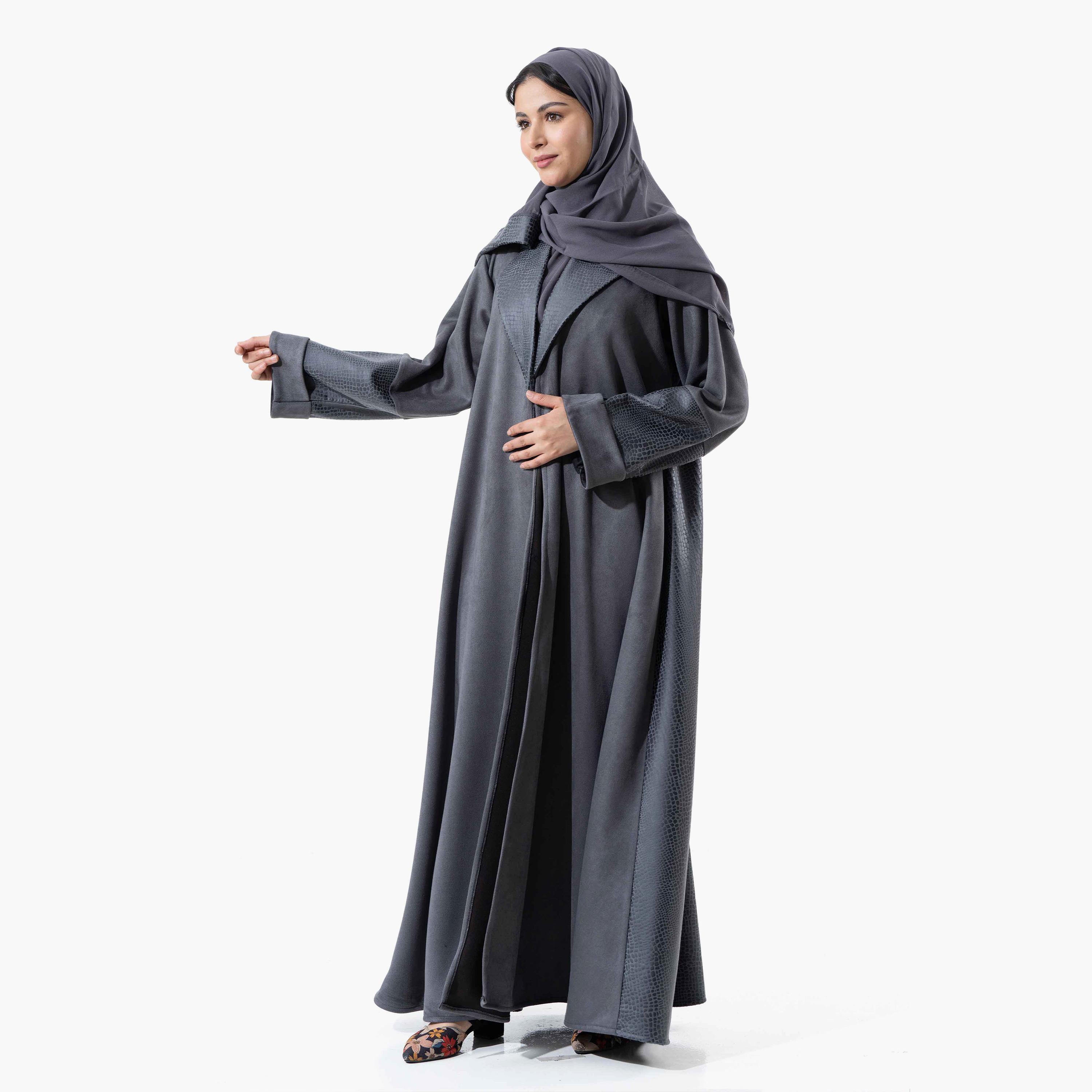 Zahiyh Grey Plain Lapel Collared Roll Cuff Sleeves Women's Winter Abaya with Tarha-women-arabicclothing-abayas-image-2