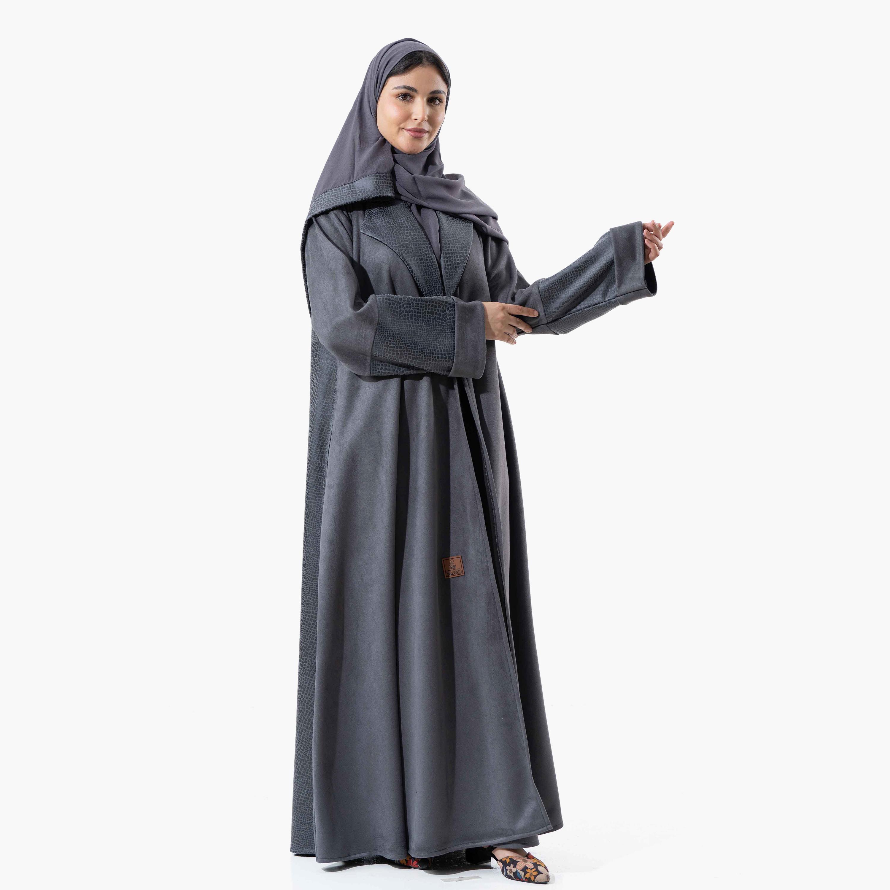Zahiyh Grey Plain Lapel Collared Roll Cuff Sleeves Women's Winter Abaya with Tarha-women-arabicclothing-abayas-image-3