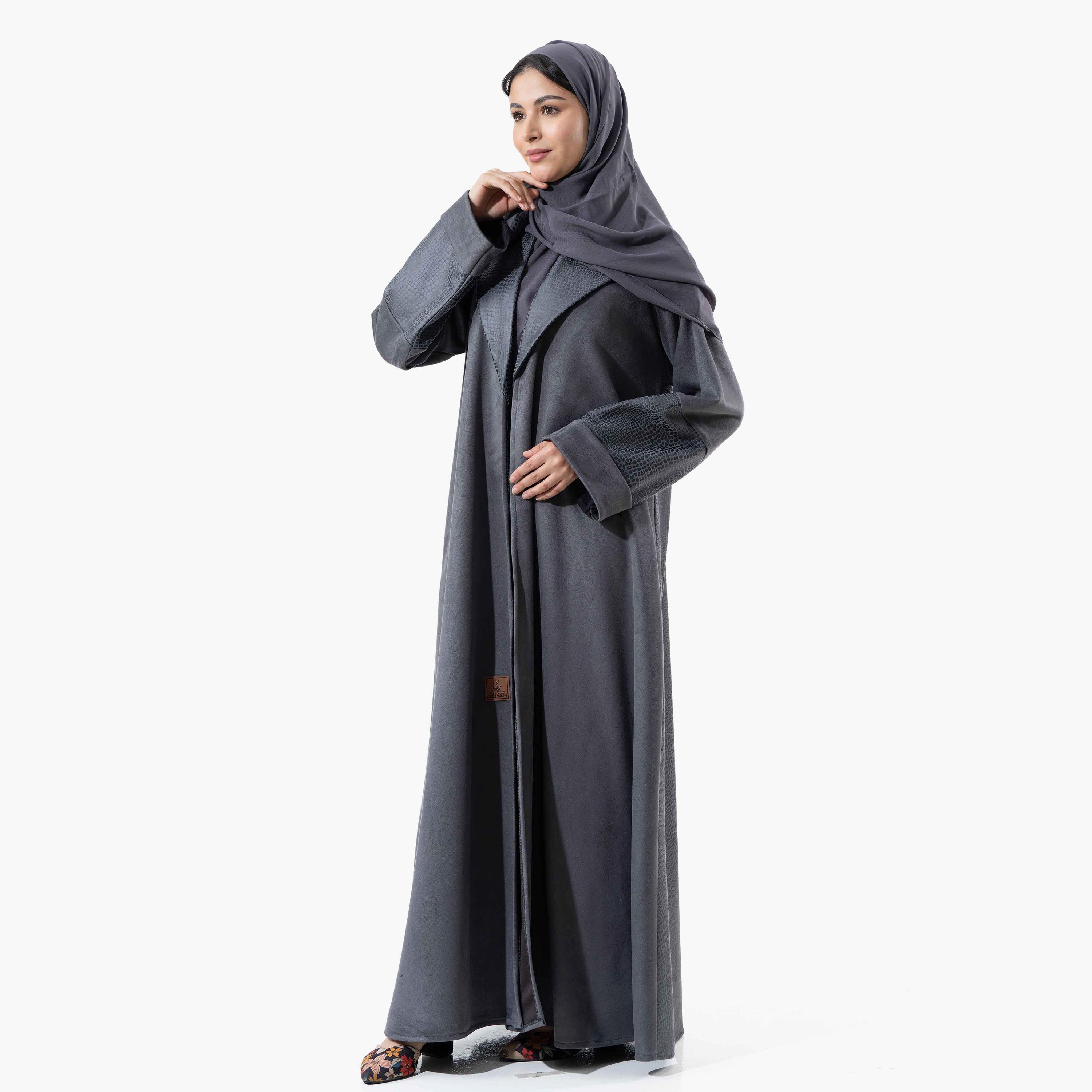 Zahiyh Grey Plain Lapel Collared Roll Cuff Sleeves Women's Winter Abaya with Tarha-women-arabicclothing-abayas-image-4