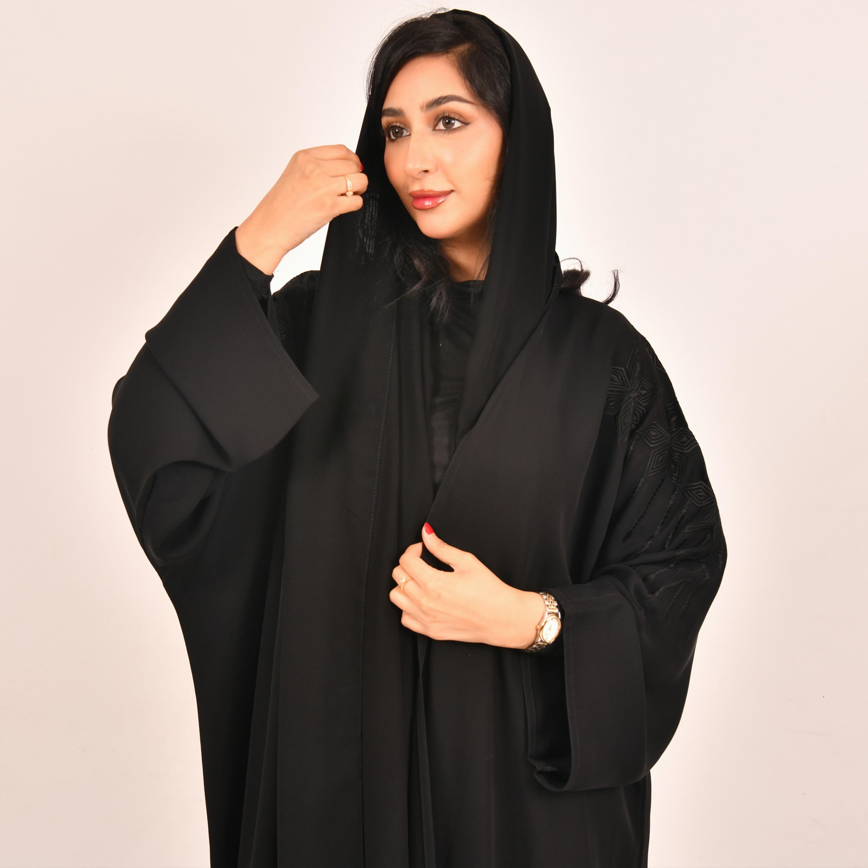 Hawraa Embroidered on Sleeves Half-Bisht Black Abaya with Hijab-women-arabicclothing-abayas-image-2