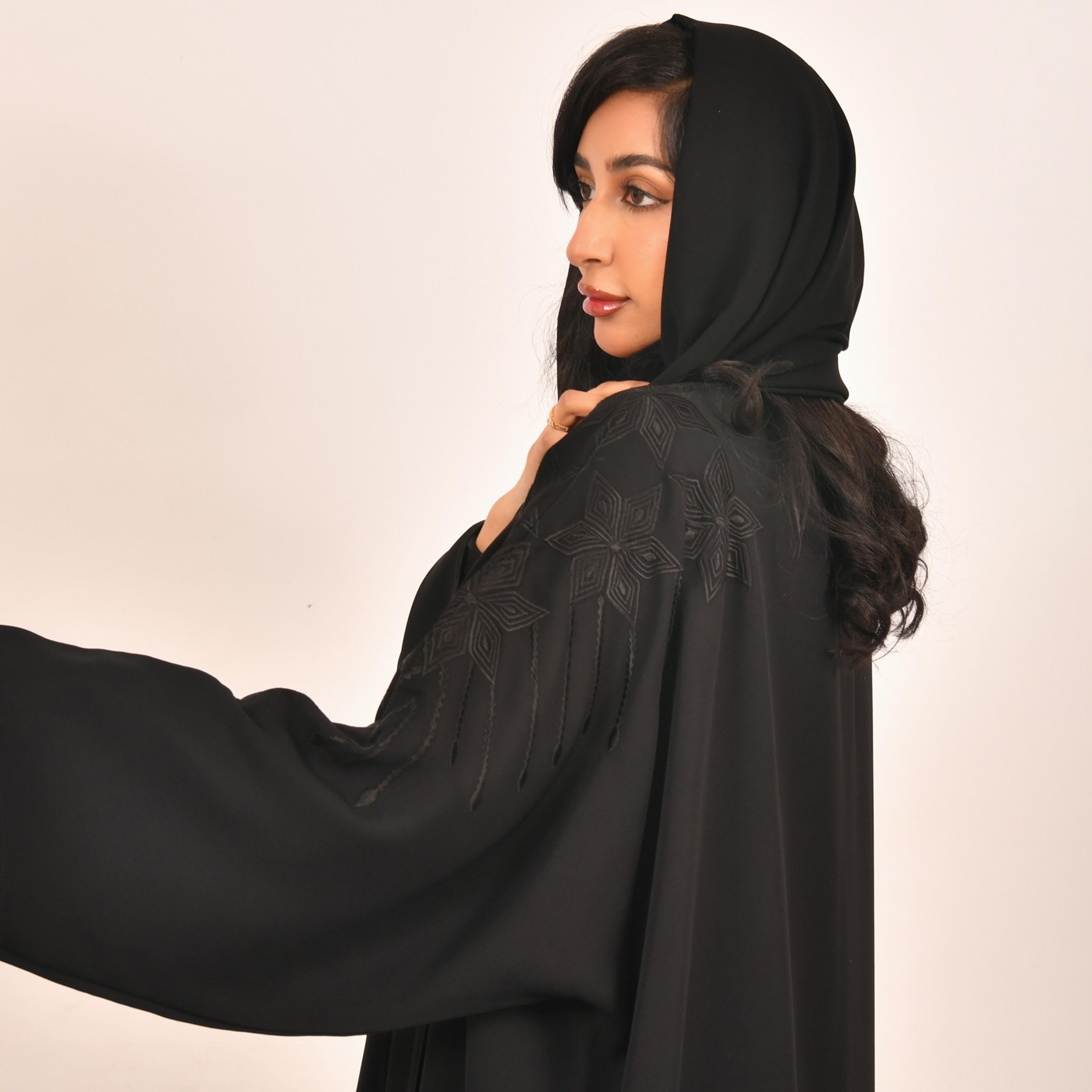 Hawraa Embroidered on Sleeves Half-Bisht Black Abaya with Hijab-women-arabicclothing-abayas-image-3