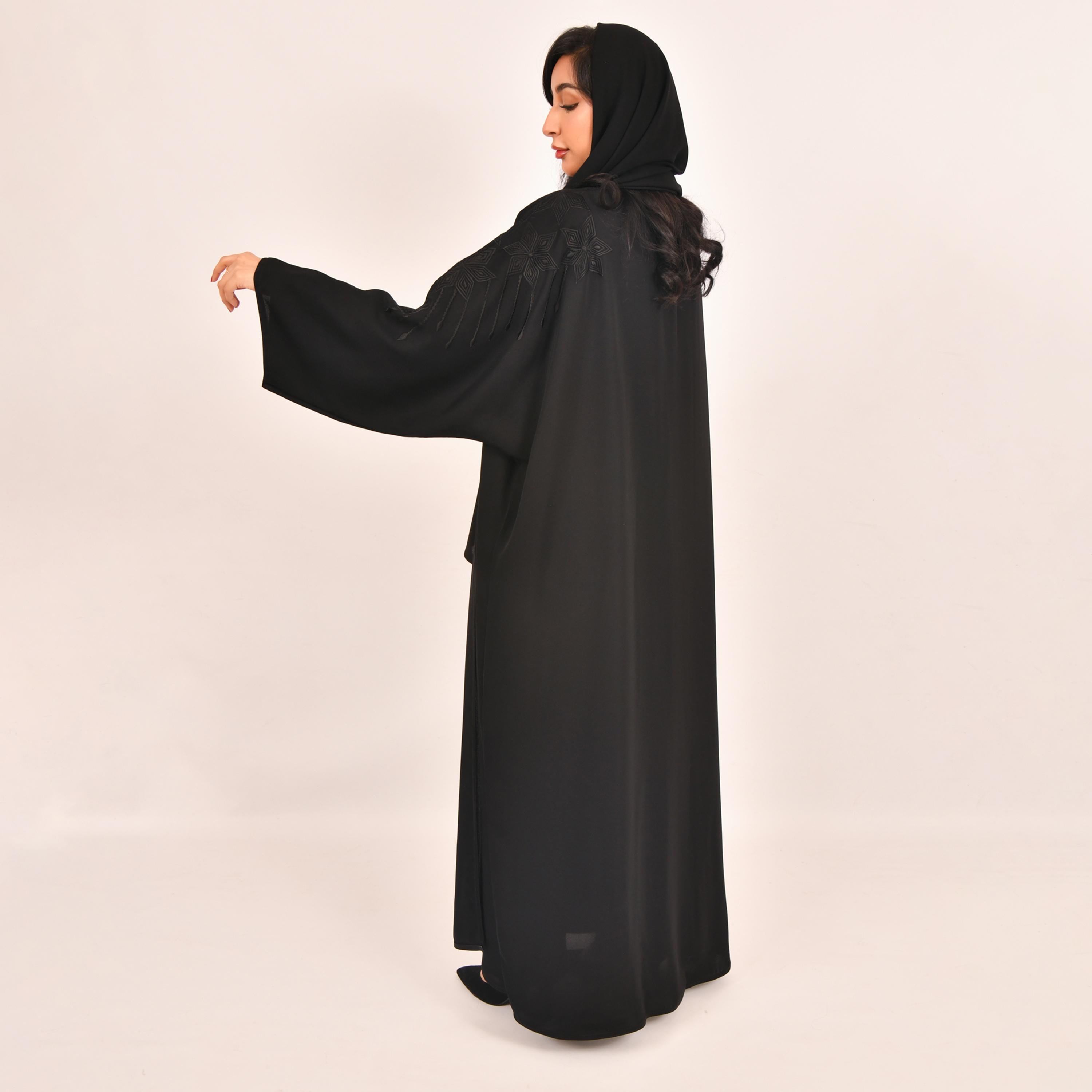 Hawraa Embroidered on Sleeves Half-Bisht Black Abaya with Hijab-women-arabicclothing-abayas-image-4