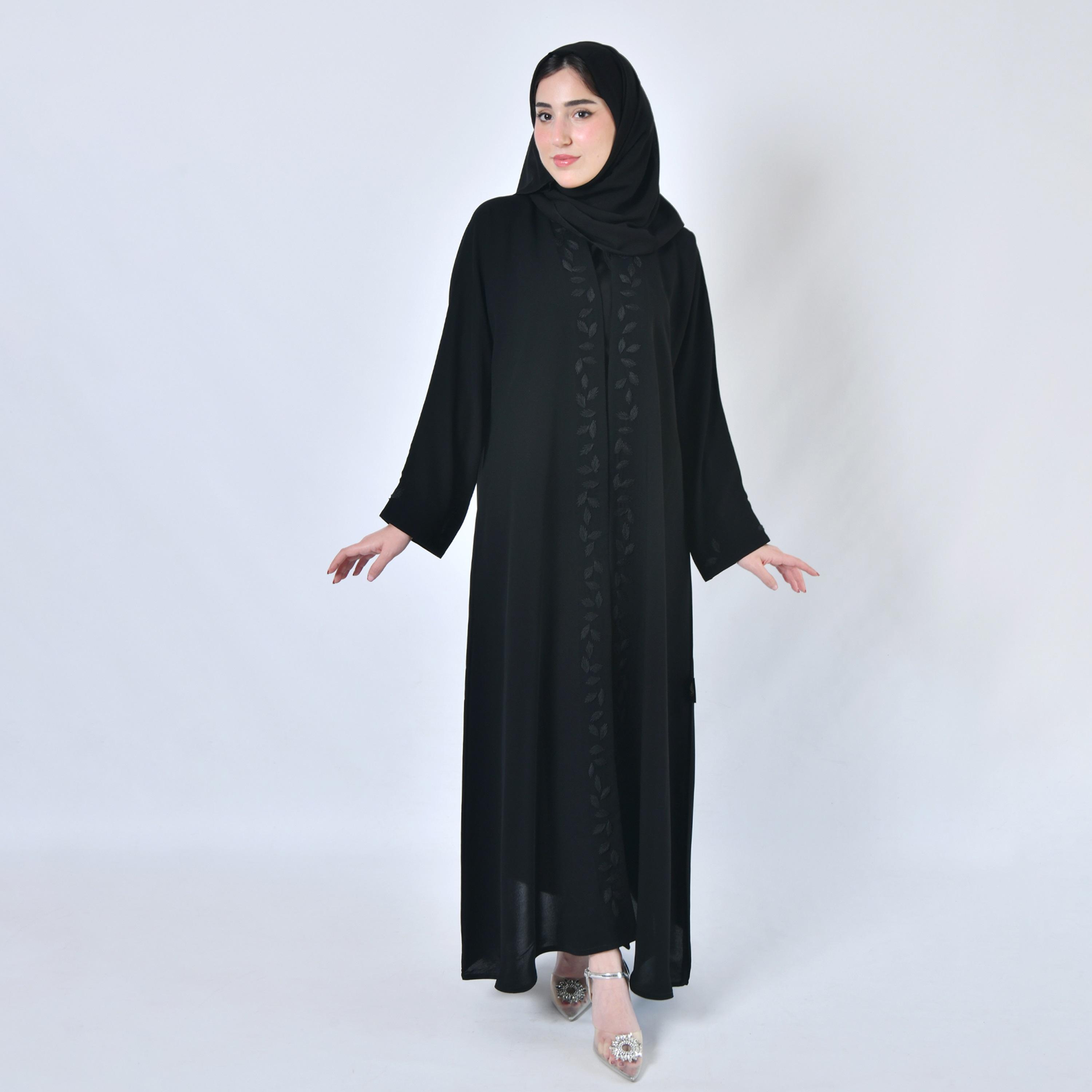 Hawraa Embroidered Black Abaya with Hijab-women-arabicclothing-abayas-image-1