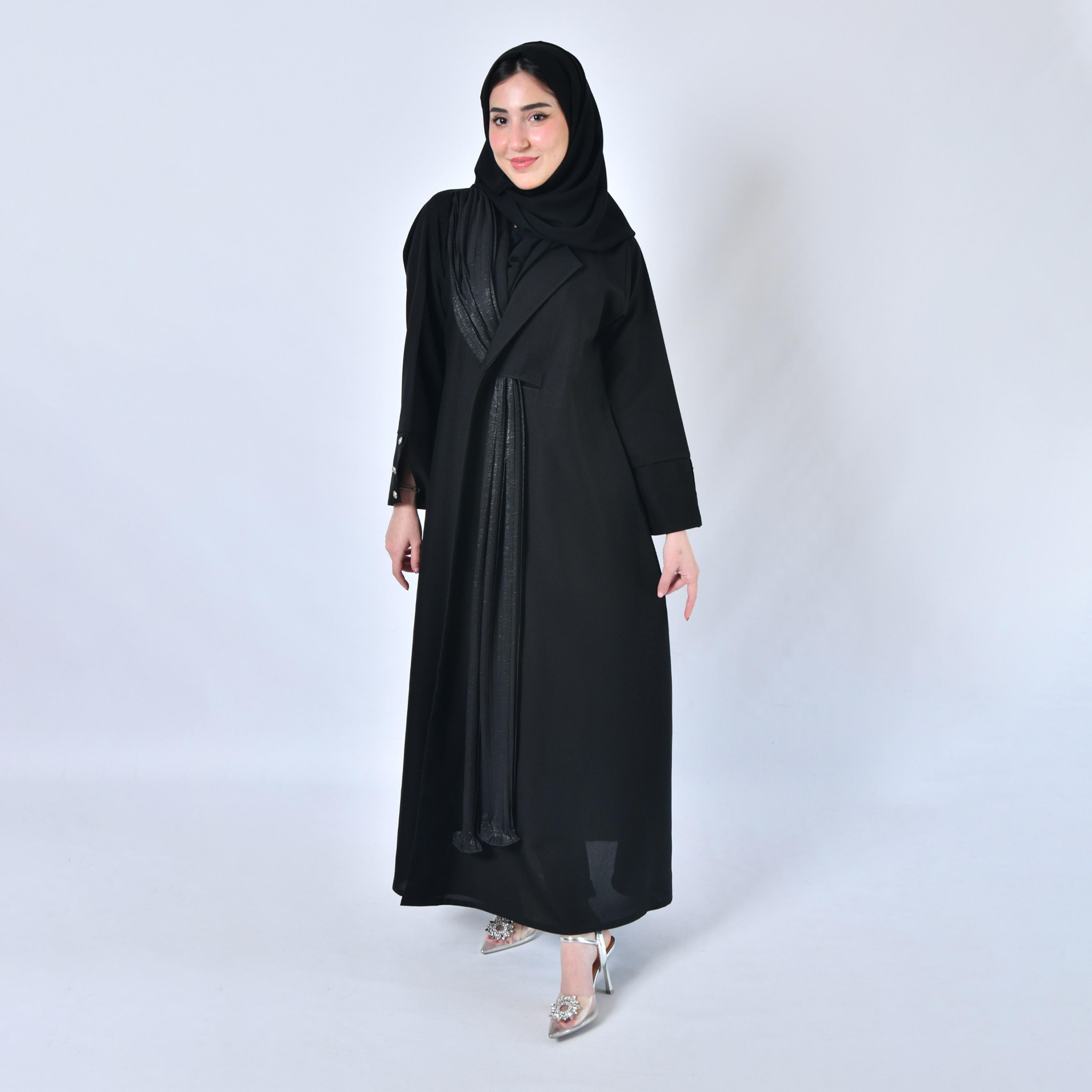 Hawraa Plain Black Coat Style Abaya with Attached Shawl and Hijab-women-arabicclothing-abayas-image-1