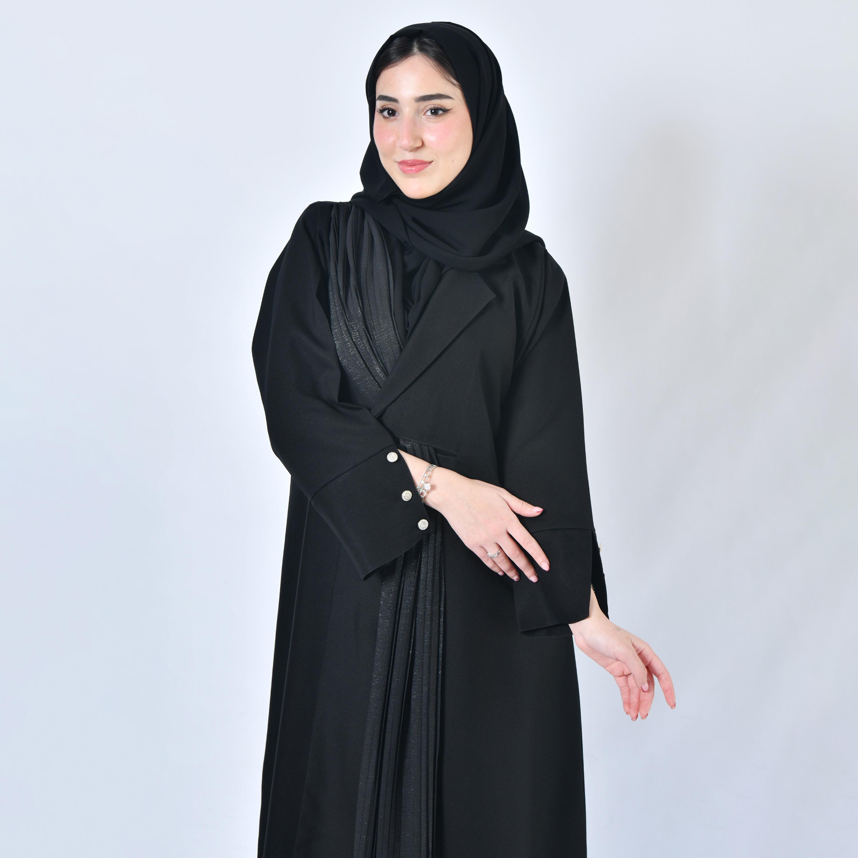 Hawraa Plain Black Coat Style Abaya with Attached Shawl and Hijab-women-arabicclothing-abayas-image-2