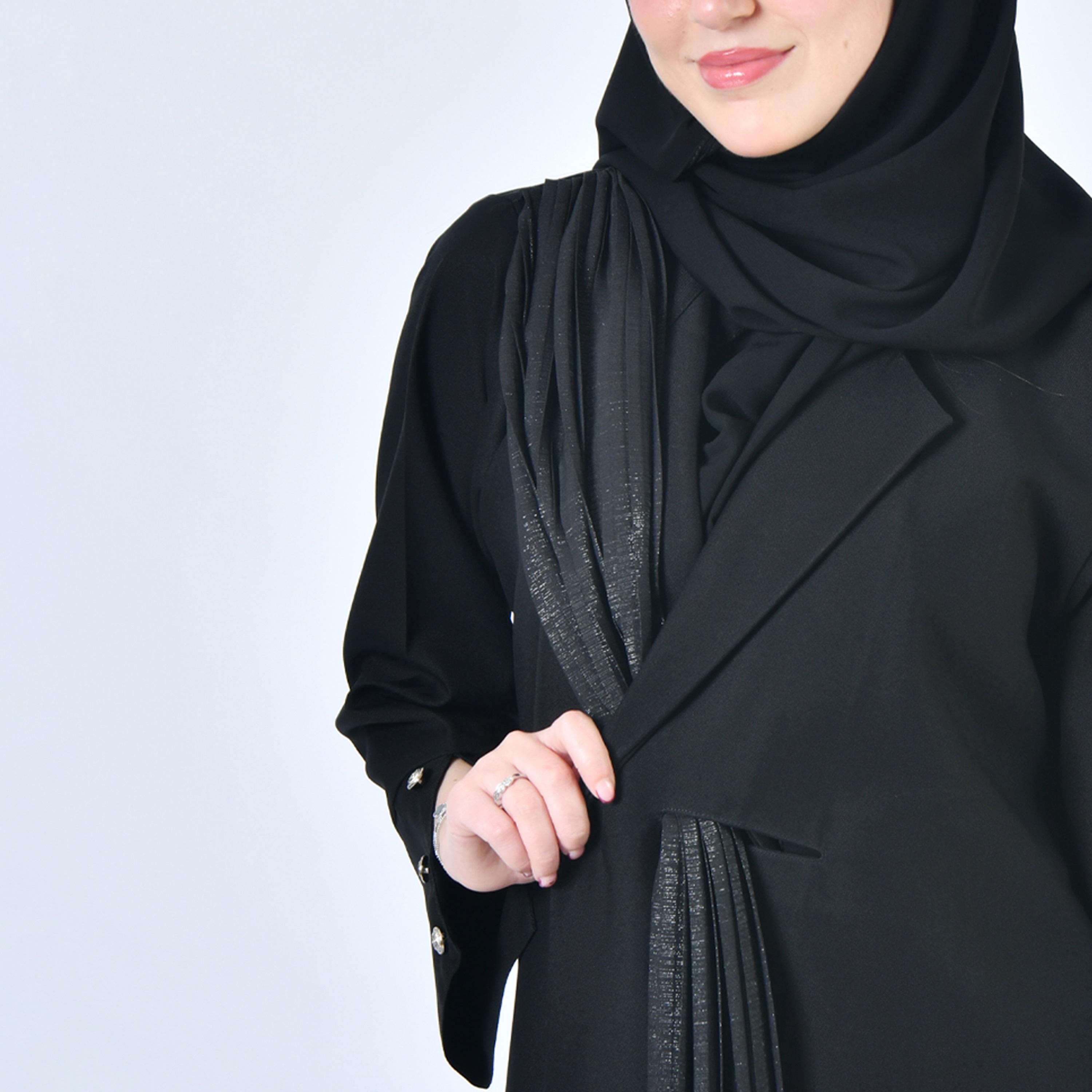 Hawraa Plain Black Coat Style Abaya with Attached Shawl and Hijab-women-arabicclothing-abayas-image-3