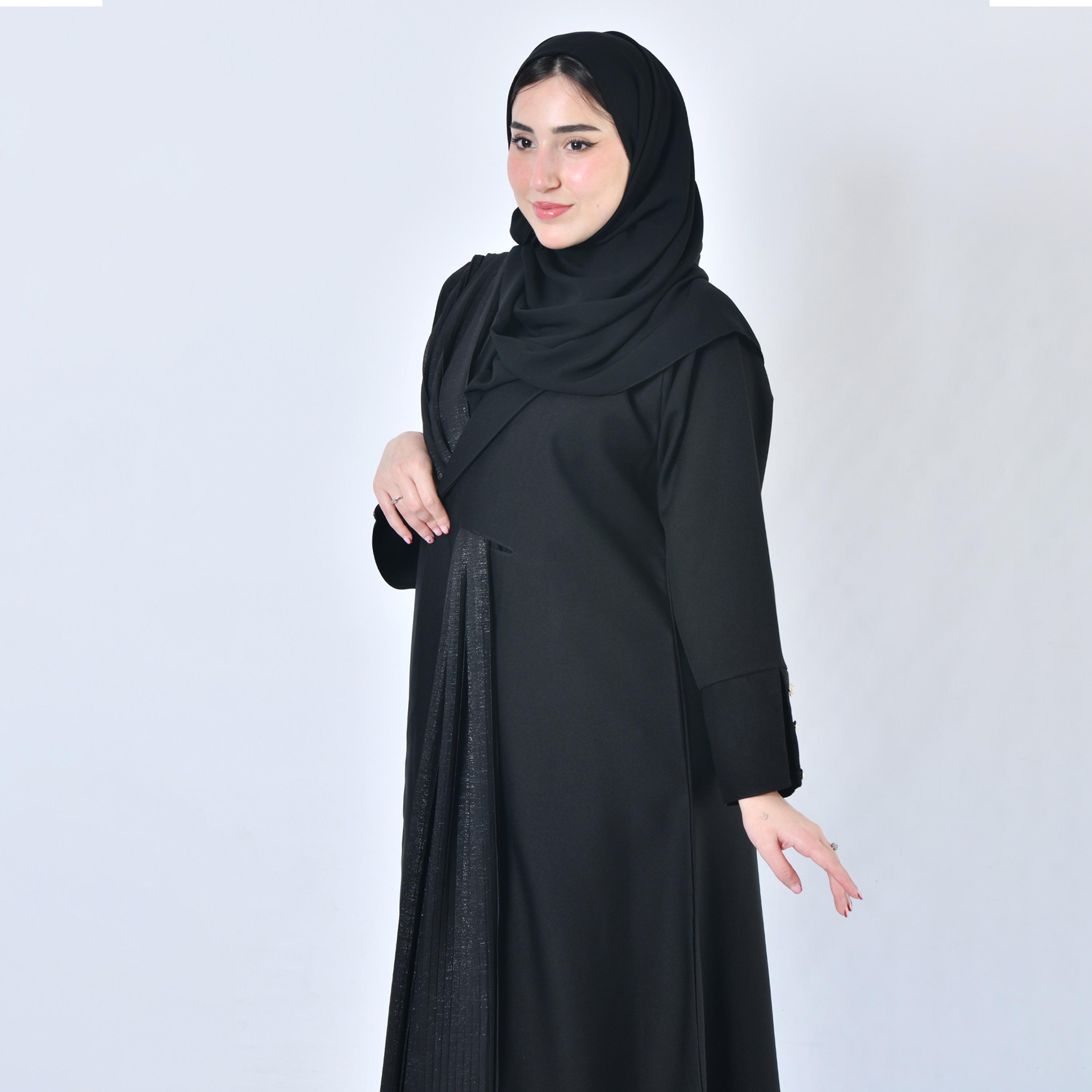 Hawraa Plain Black Coat Style Abaya with Attached Shawl and Hijab-women-arabicclothing-abayas-image-4