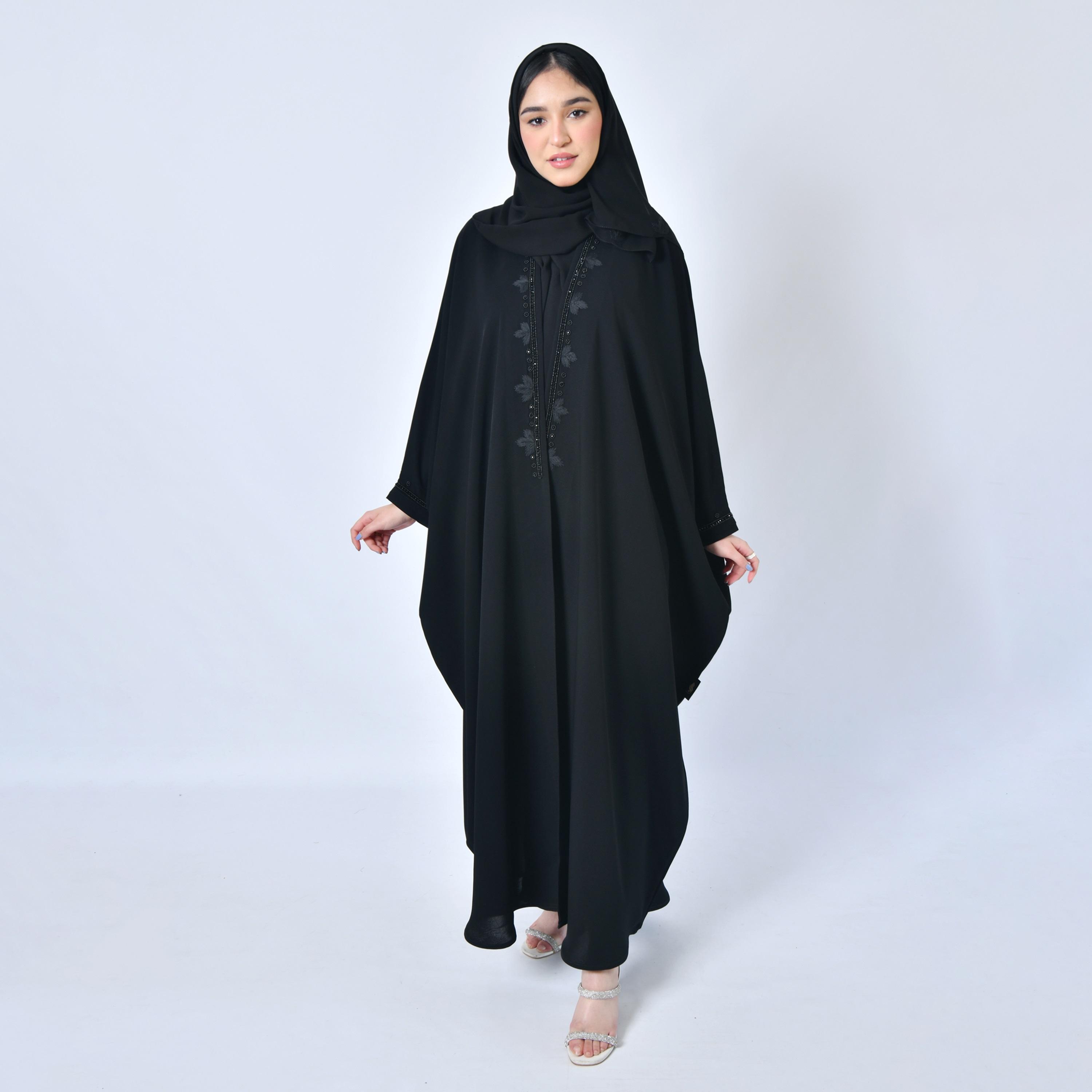 Hawraa Embroidered and Beaded Black Butterfly Abaya with Hijab-women-arabicclothing-abayas-image-1