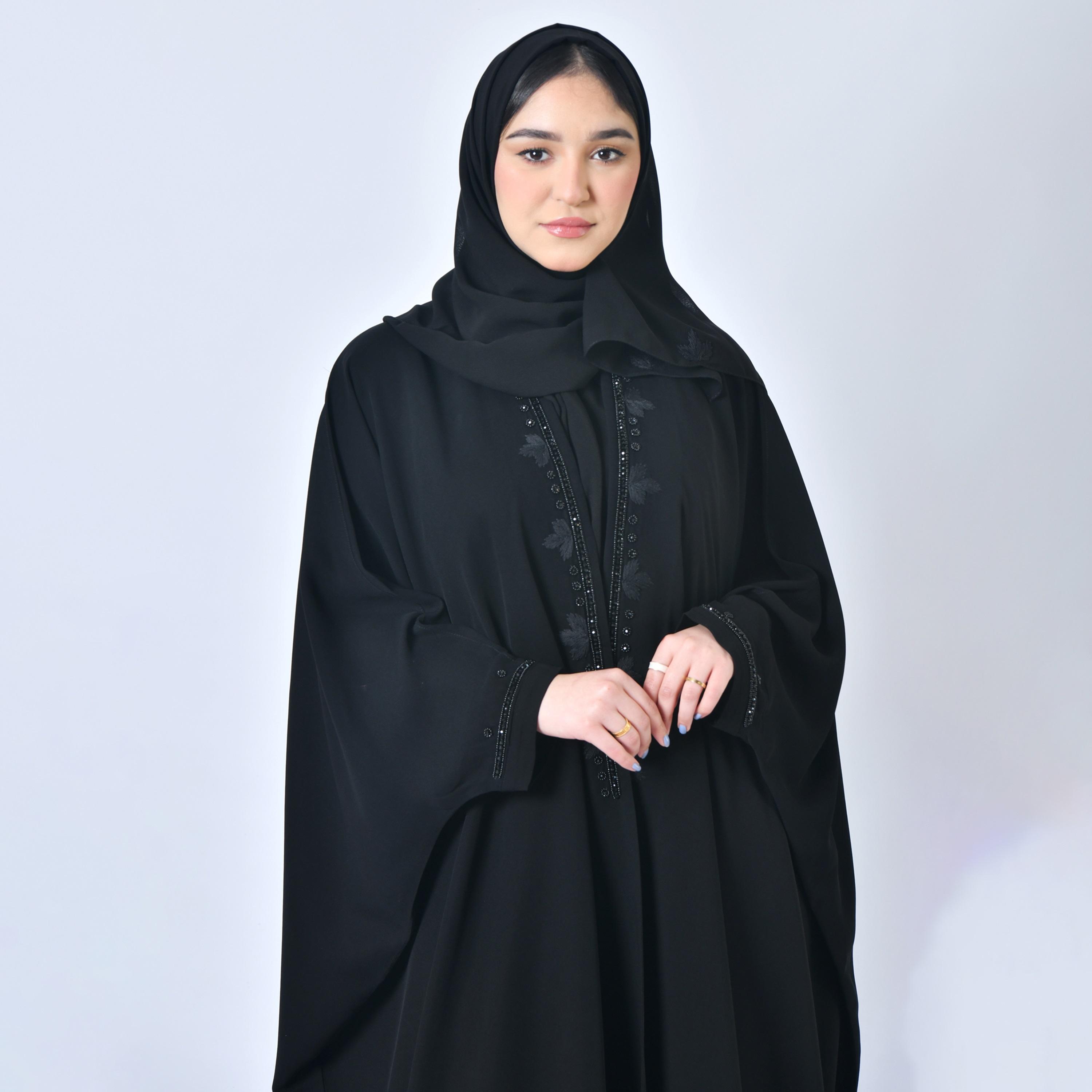 Hawraa Embroidered and Beaded Black Butterfly Abaya with Hijab-women-arabicclothing-abayas-image-2