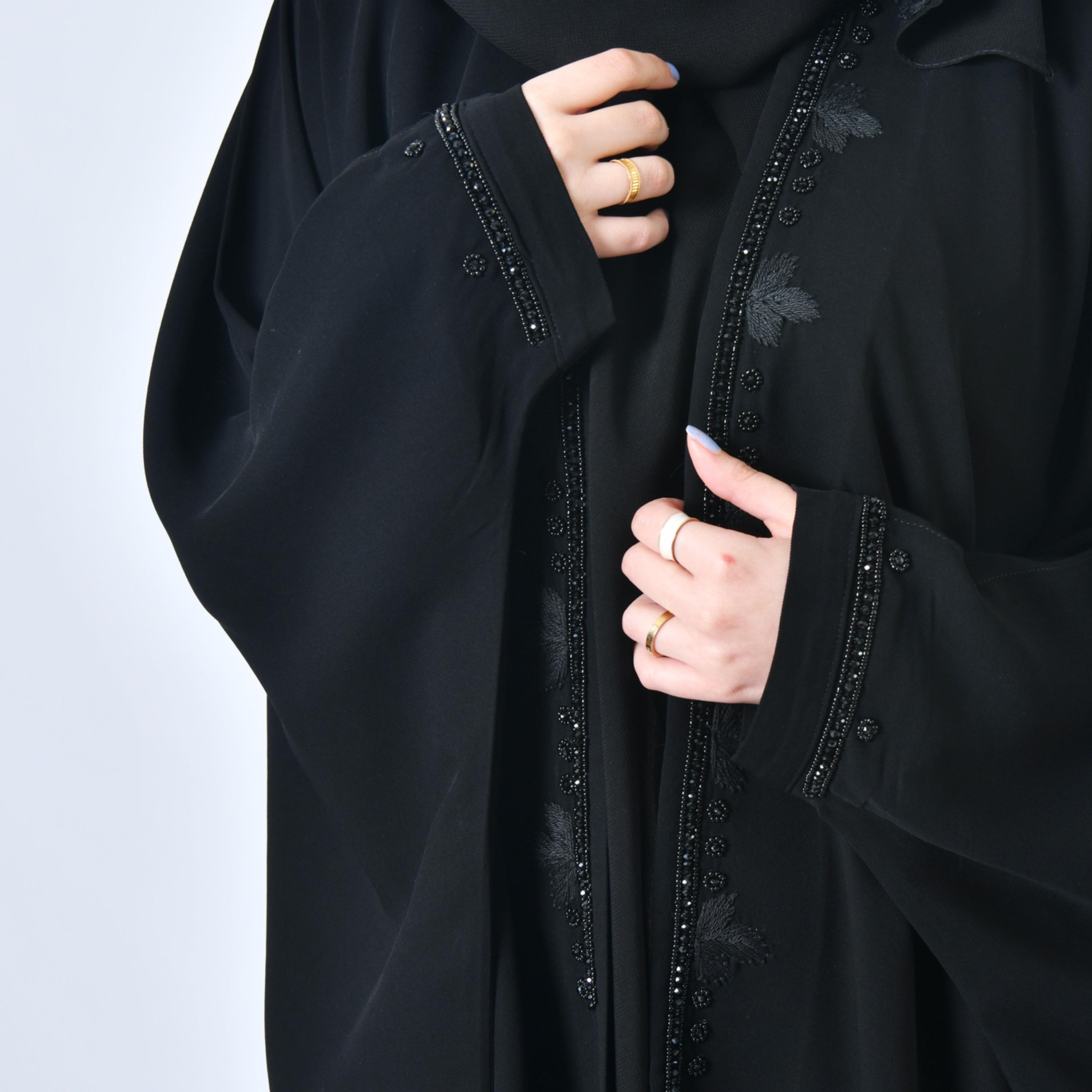 Hawraa Embroidered and Beaded Black Butterfly Abaya with Hijab-women-arabicclothing-abayas-image-3