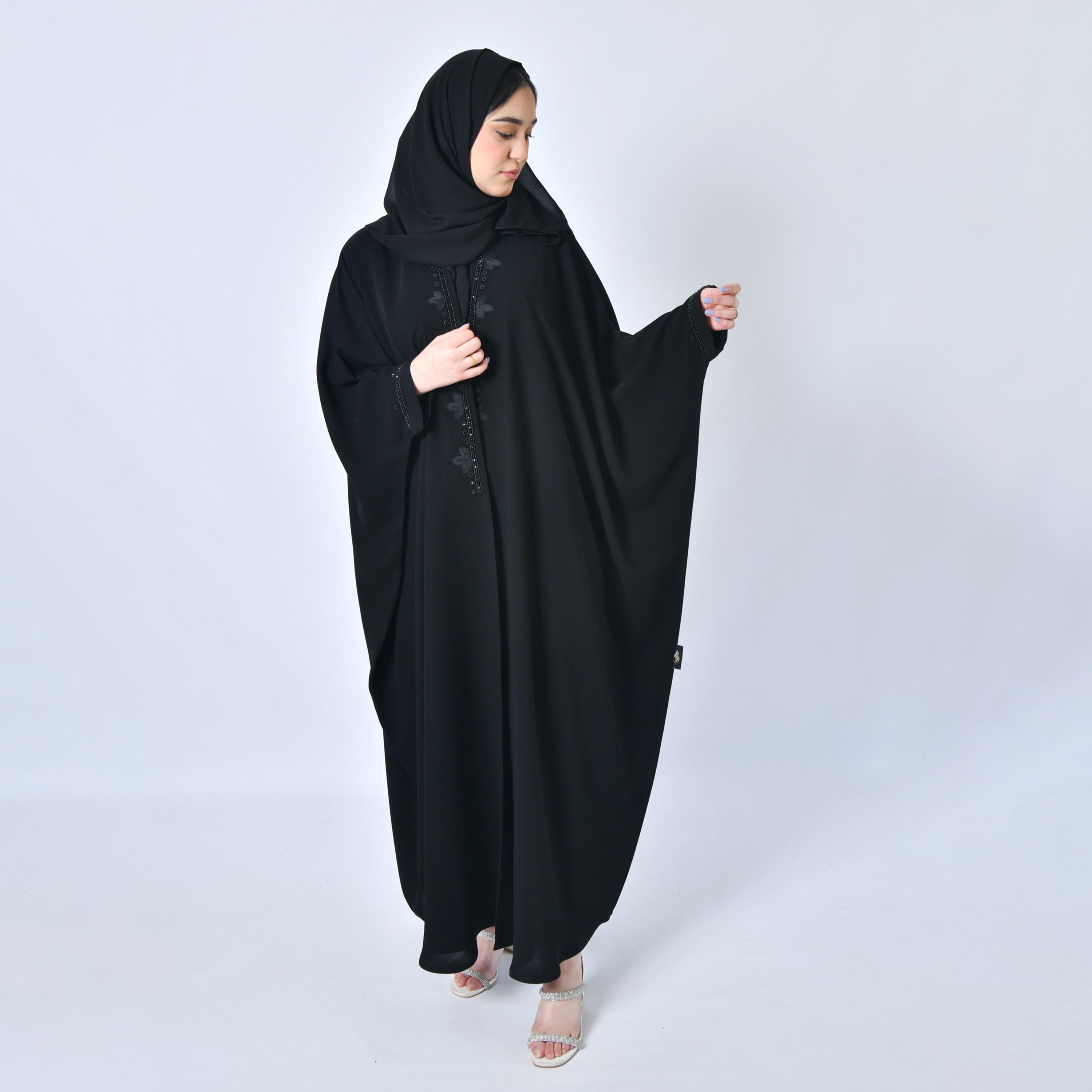 Hawraa Embroidered and Beaded Black Butterfly Abaya with Hijab-women-arabicclothing-abayas-image-4