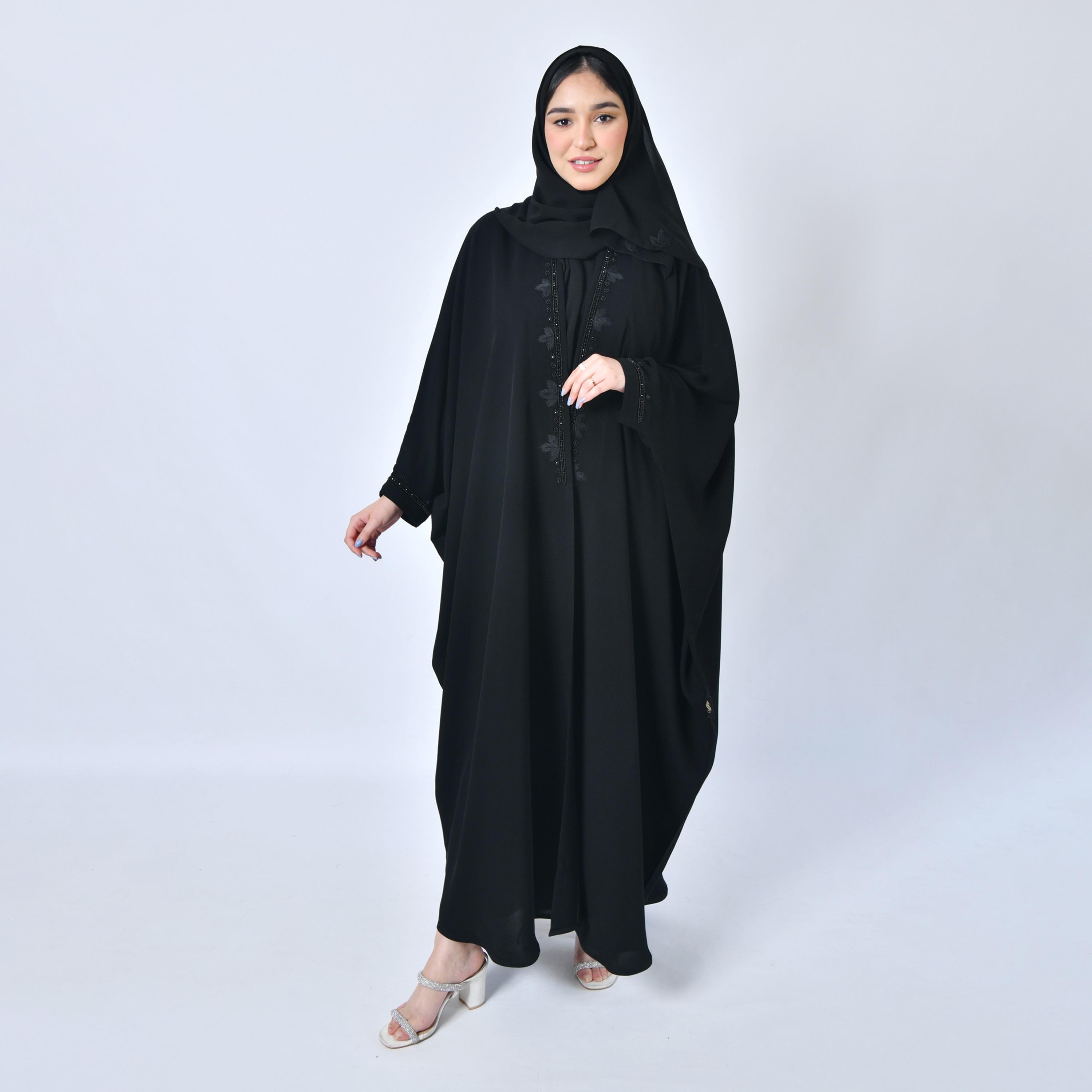 Hawraa Embroidered and Beaded Black Butterfly Abaya with Hijab-women-arabicclothing-abayas-image-5