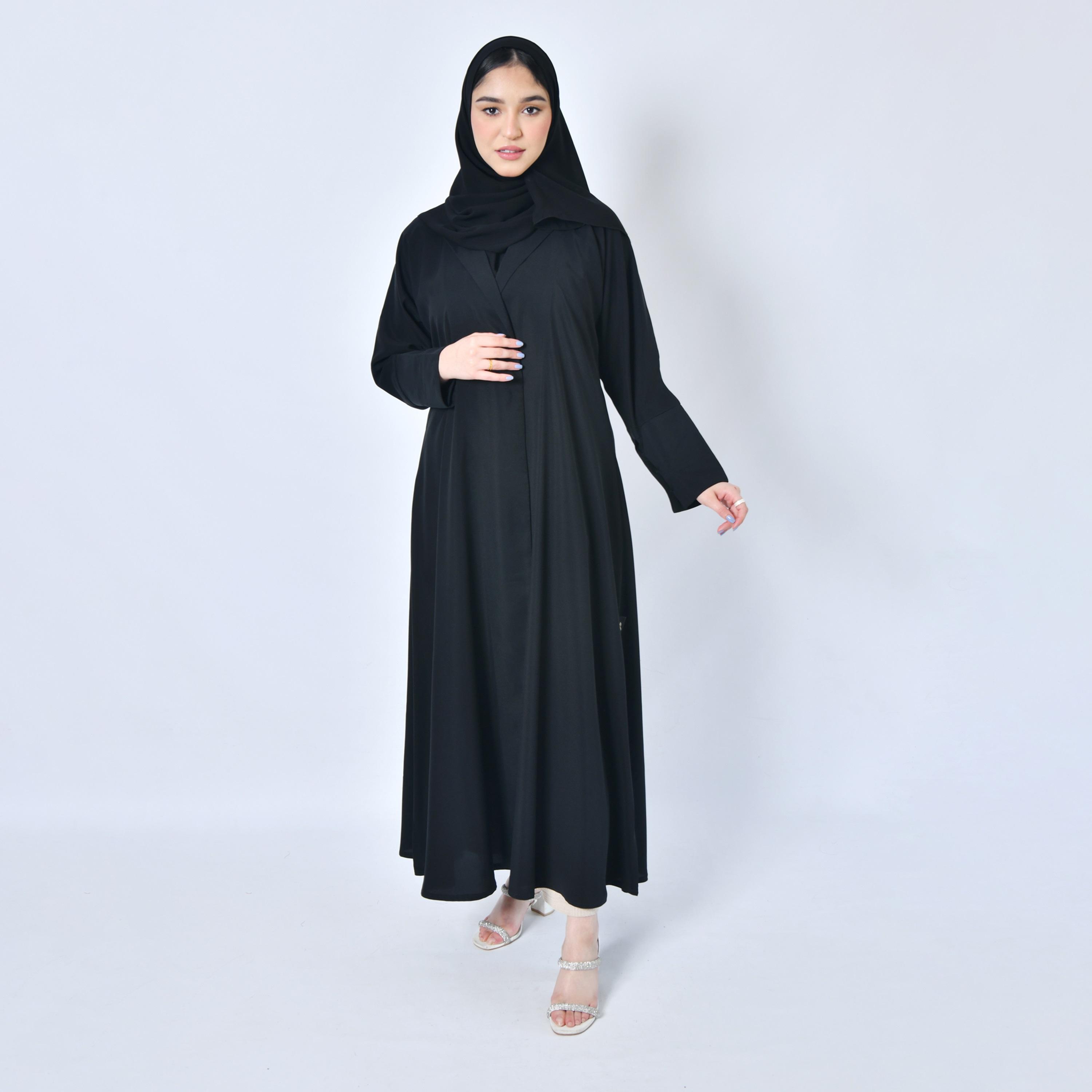 Hawraa Embroidered Lapel Collar Buttoned Sleeves Black Abaya with Hijab-women-arabicclothing-abayas-image-1