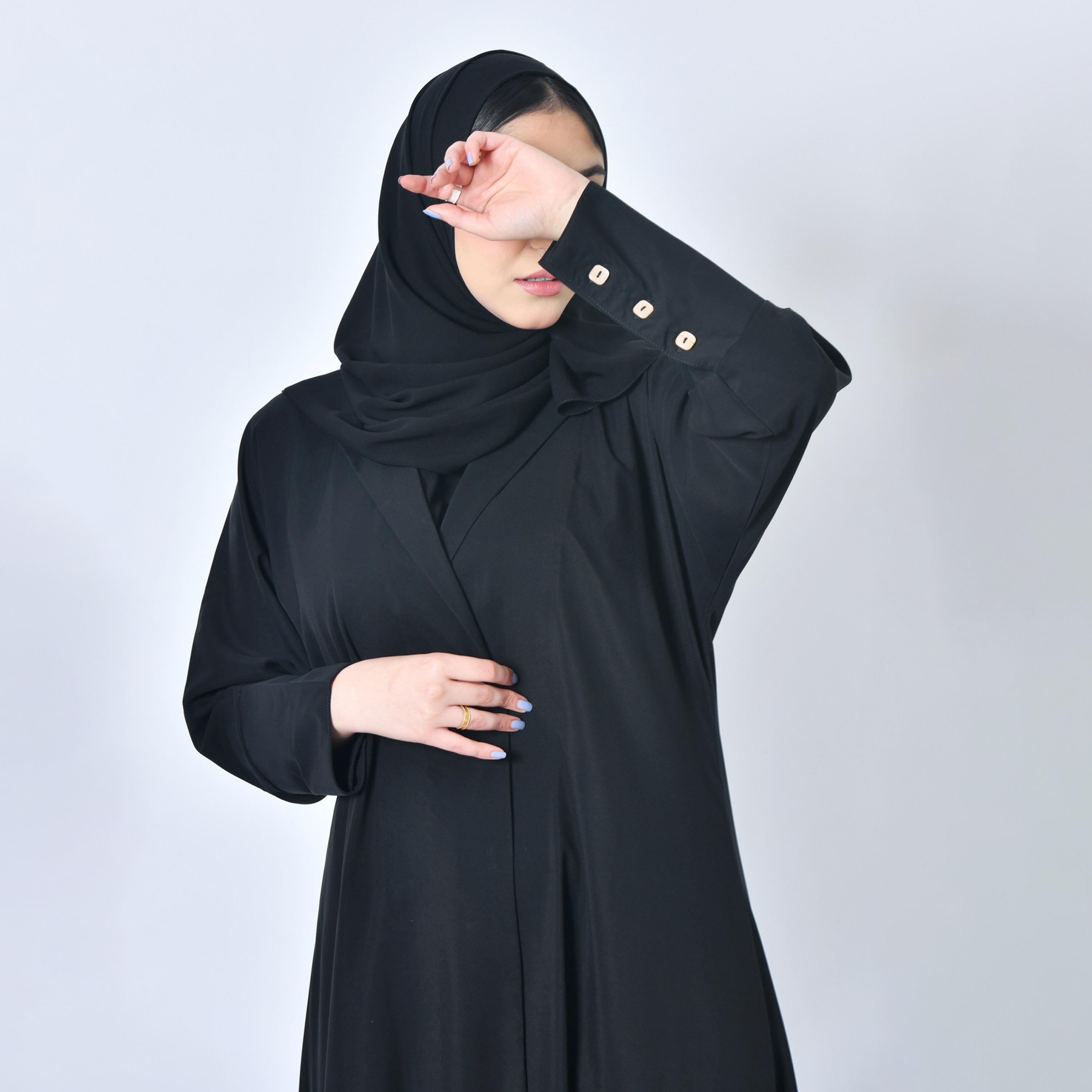 Hawraa Embroidered Lapel Collar Buttoned Sleeves Black Abaya with Hijab-women-arabicclothing-abayas-image-2