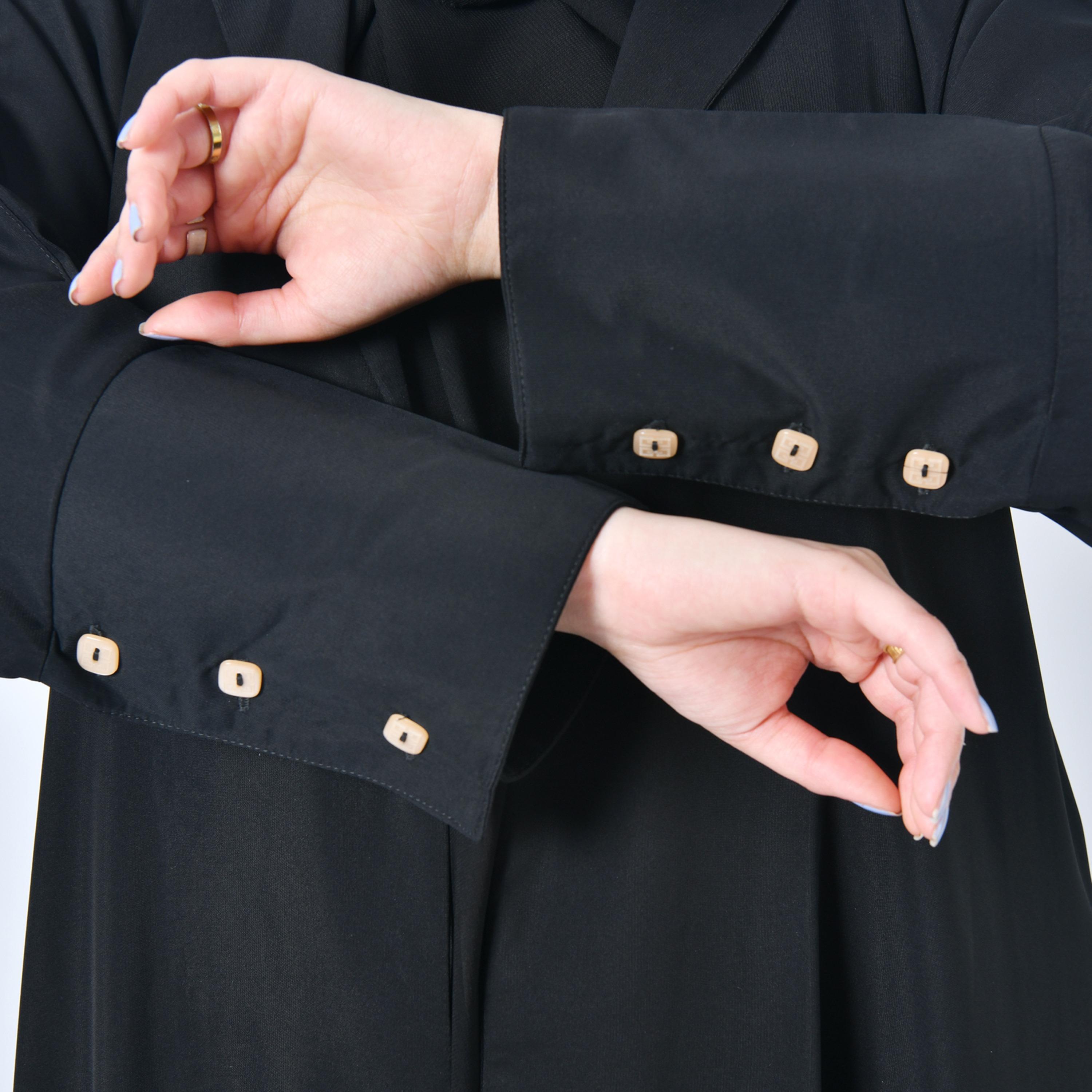 Hawraa Embroidered Lapel Collar Buttoned Sleeves Black Abaya with Hijab-women-arabicclothing-abayas-image-3