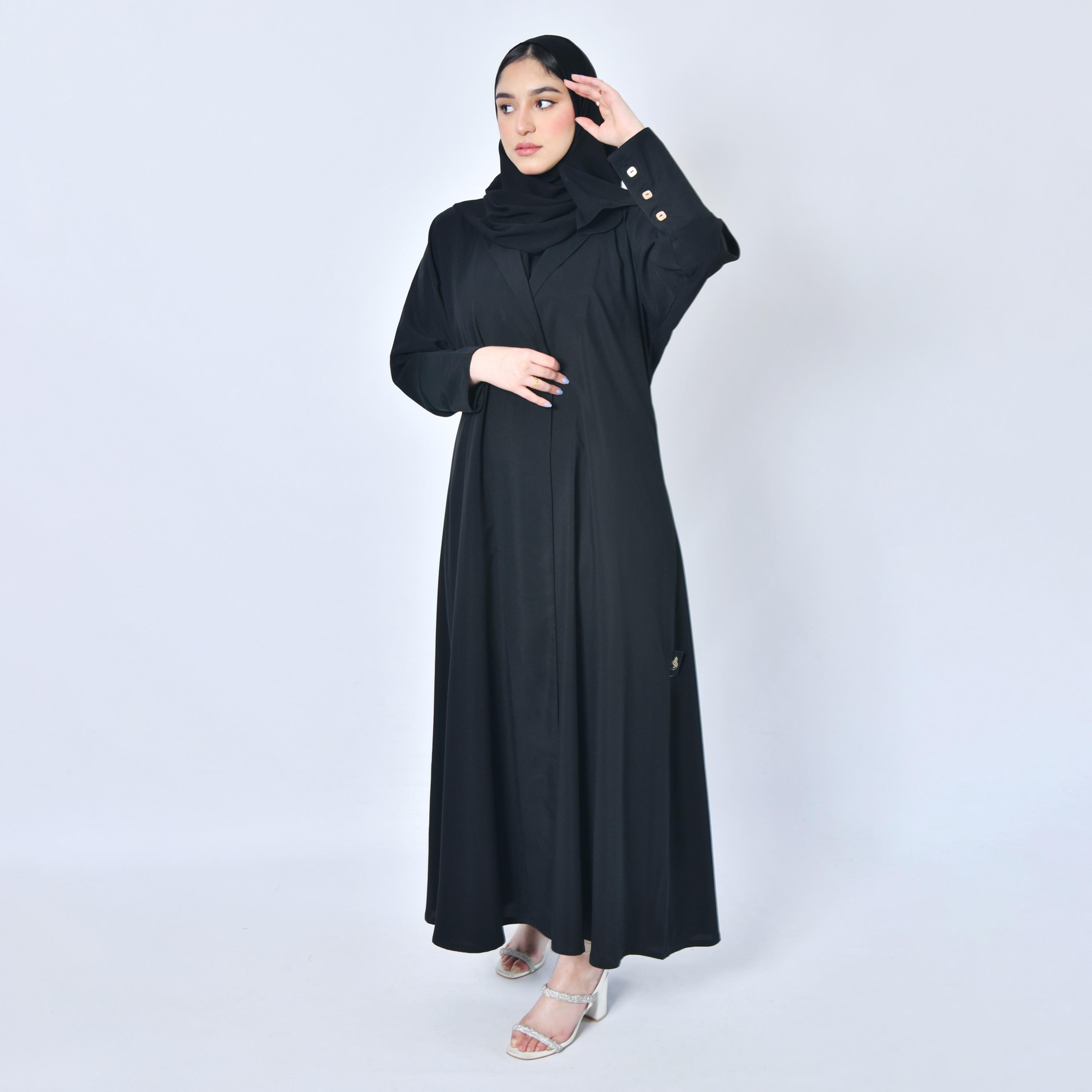 Hawraa Embroidered Lapel Collar Buttoned Sleeves Black Abaya with Hijab-women-arabicclothing-abayas-image-4