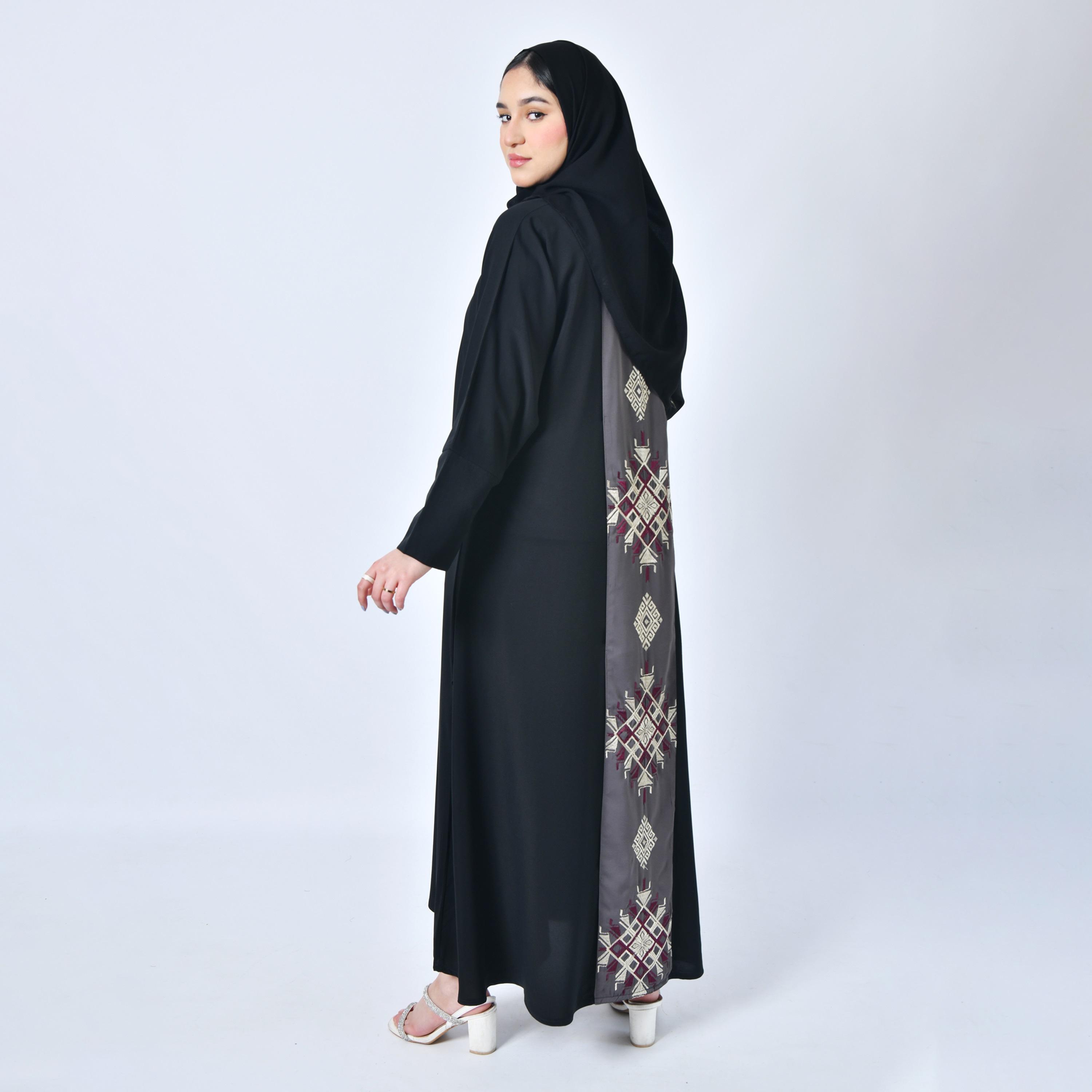 Hawraa Embroidered Lapel Collar Buttoned Sleeves Black Abaya with Hijab-women-arabicclothing-abayas-image-5