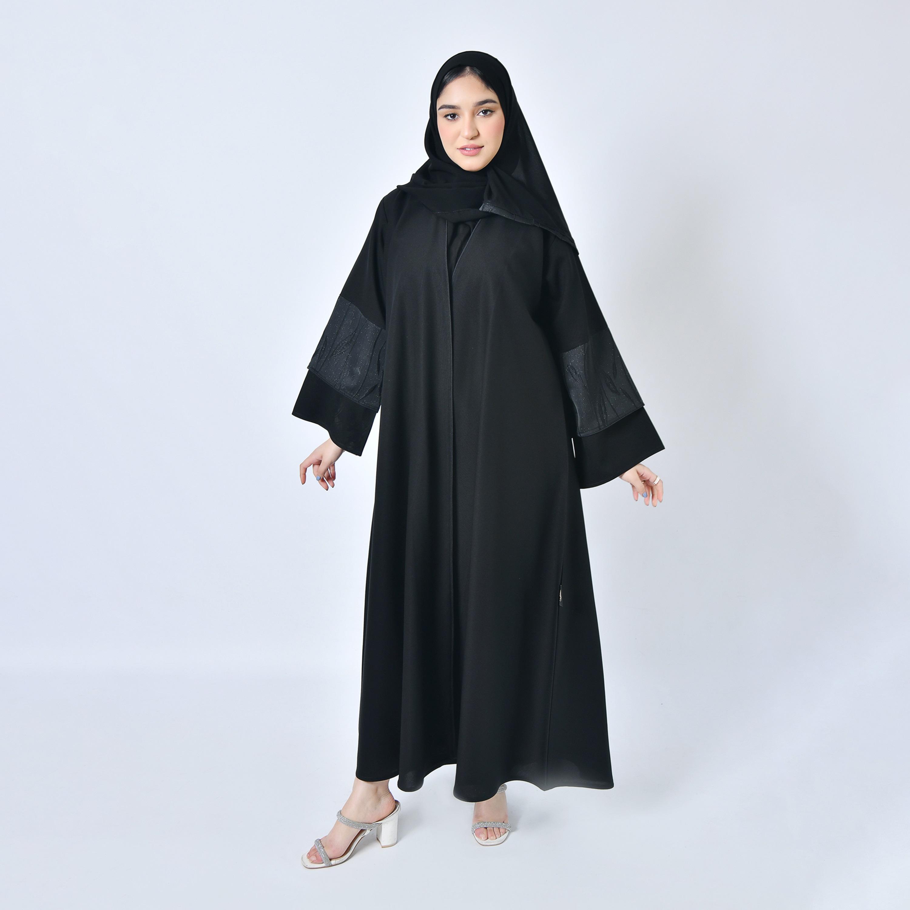 Hawraa Plain Flared Sleeves Black Cloche Abaya with Hijab-women-arabicclothing-abayas-image-1