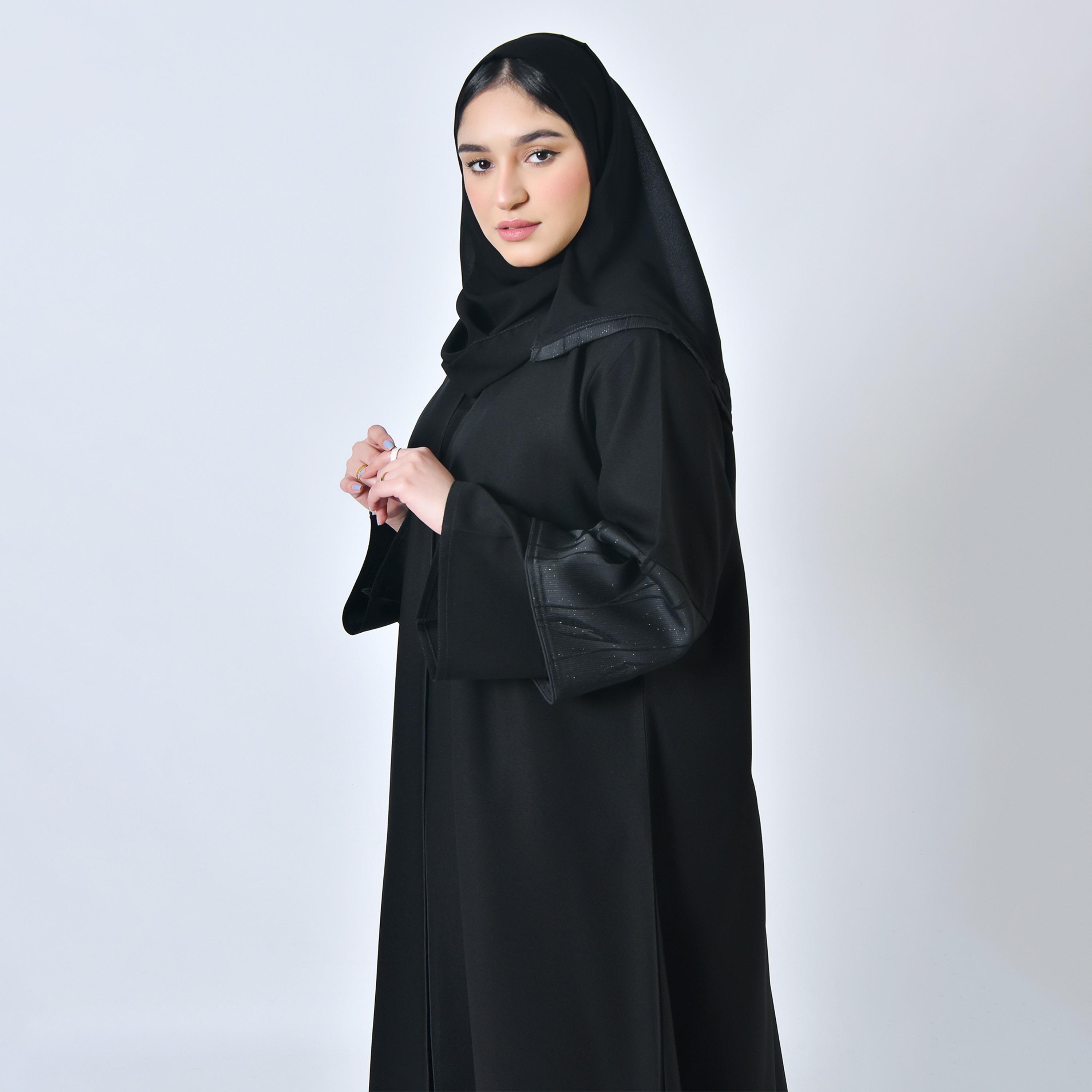 Hawraa Plain Flared Sleeves Black Cloche Abaya with Hijab-women-arabicclothing-abayas-image-2