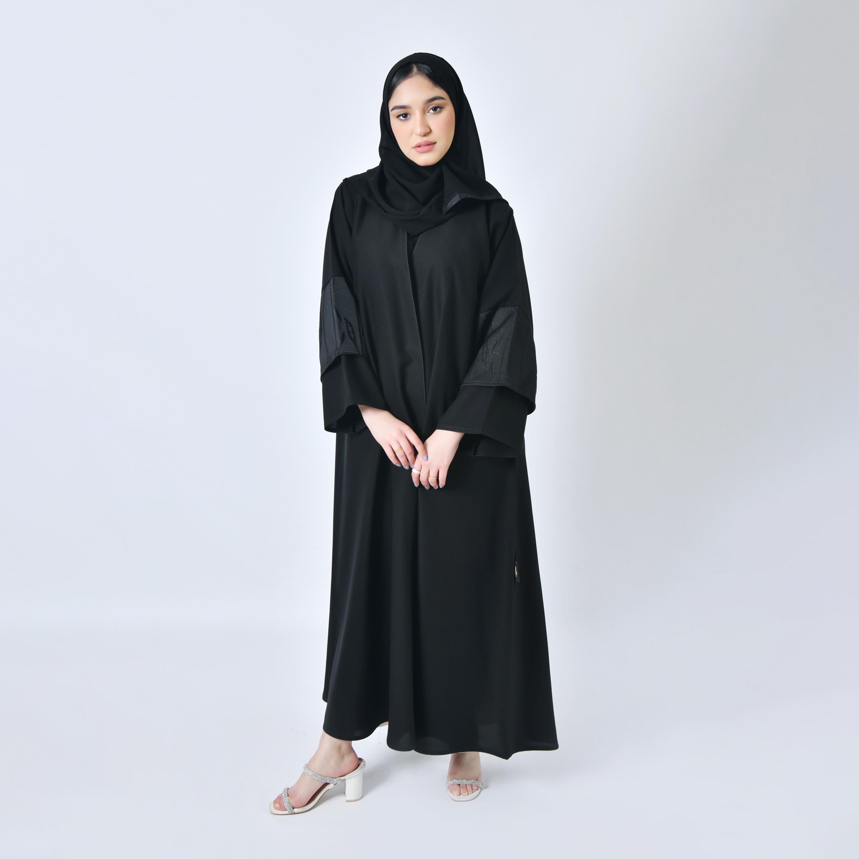 Hawraa Plain Flared Sleeves Black Cloche Abaya with Hijab-women-arabicclothing-abayas-image-4