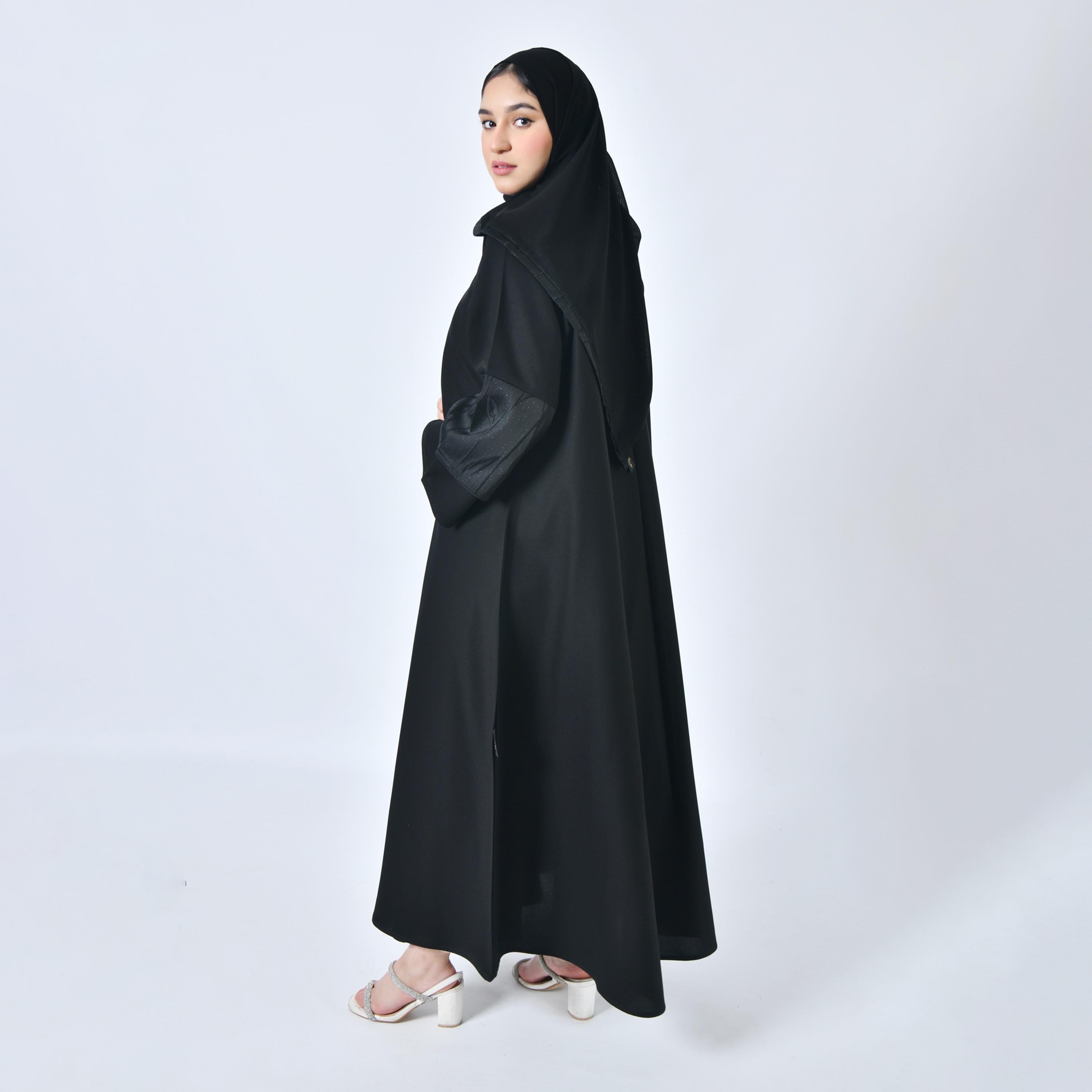 Hawraa Plain Flared Sleeves Black Cloche Abaya with Hijab-women-arabicclothing-abayas-image-5