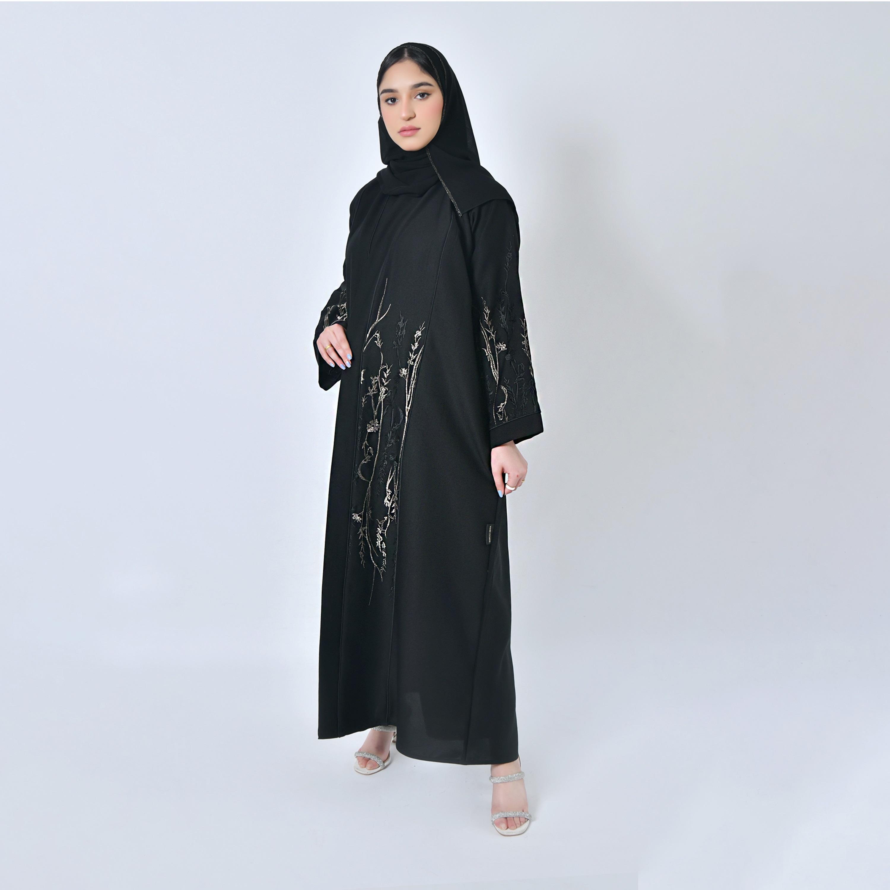 Hawraa Embroidered Jacquard Black Abaya with Hijab-women-arabicclothing-abayas-image-1