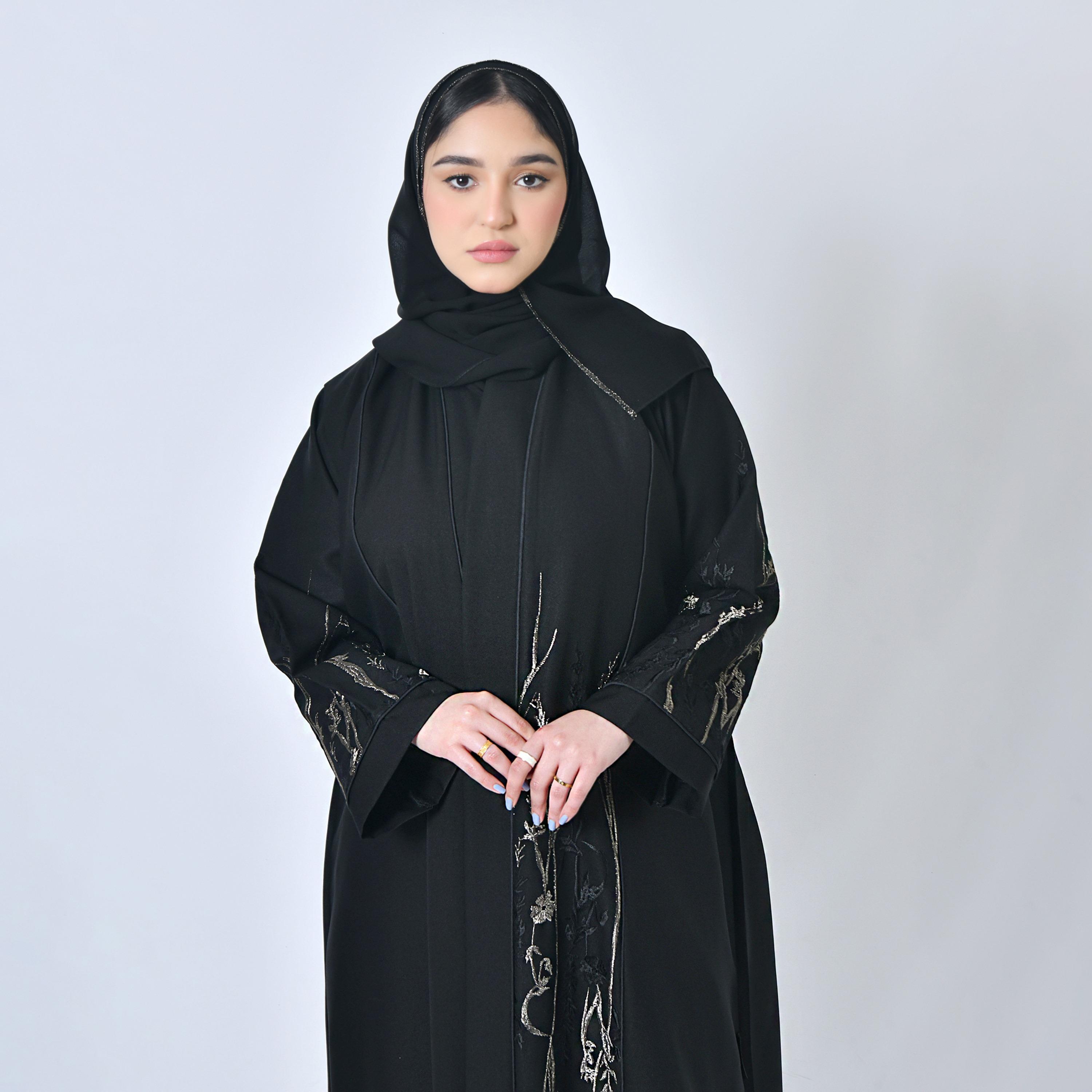 Hawraa Embroidered Jacquard Black Abaya with Hijab-women-arabicclothing-abayas-image-2