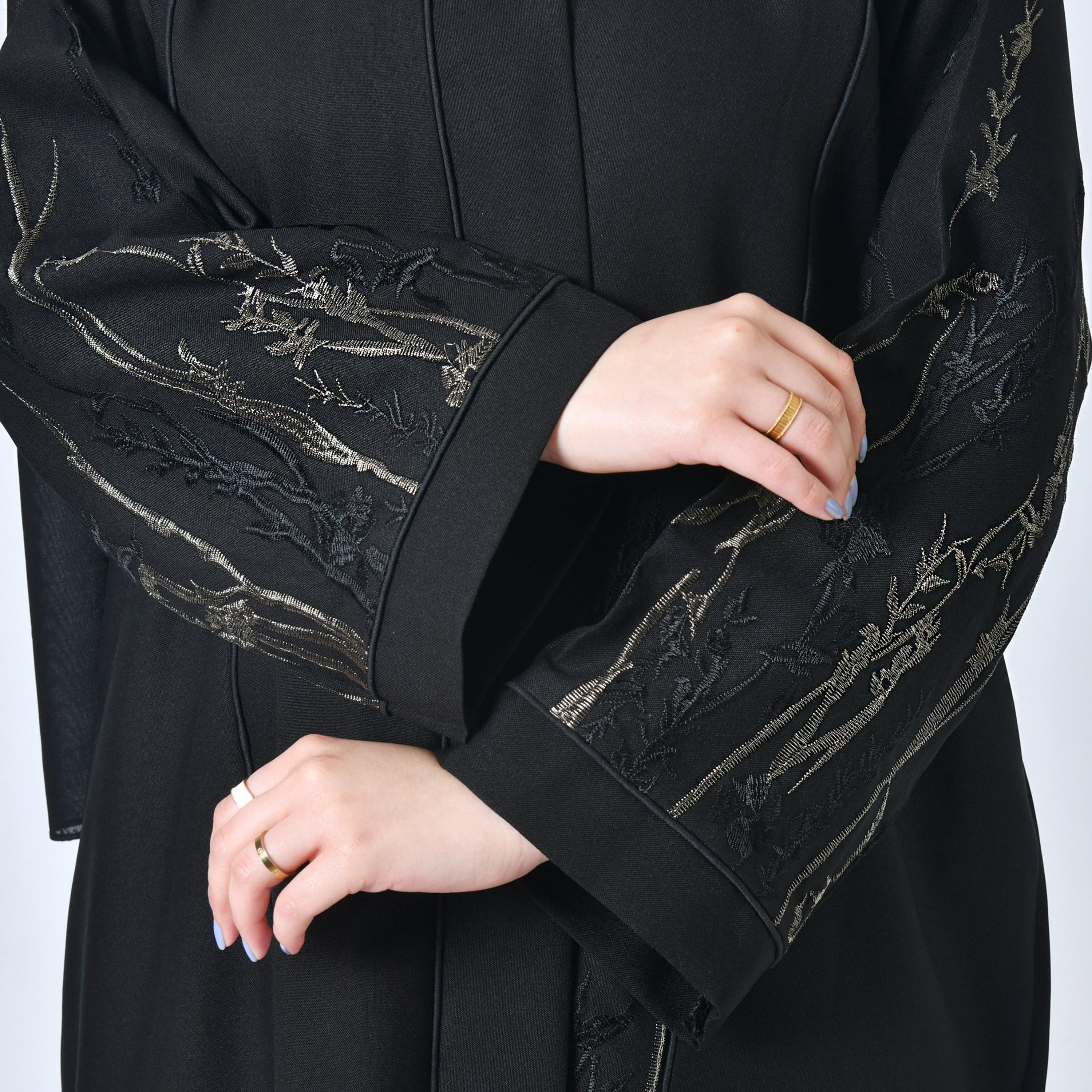 Hawraa Embroidered Jacquard Black Abaya with Hijab-women-arabicclothing-abayas-image-3