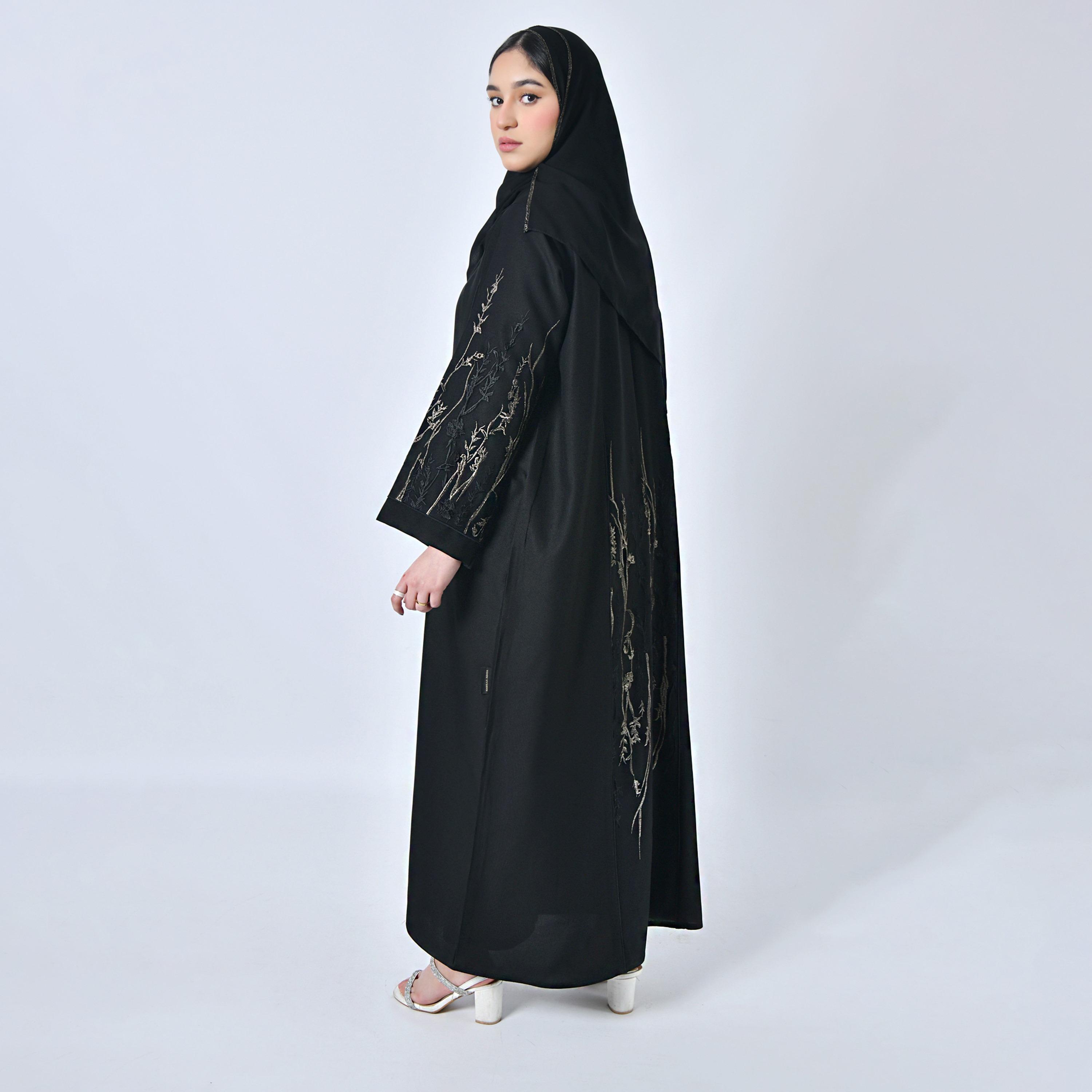 Hawraa Embroidered Jacquard Black Abaya with Hijab-women-arabicclothing-abayas-image-4