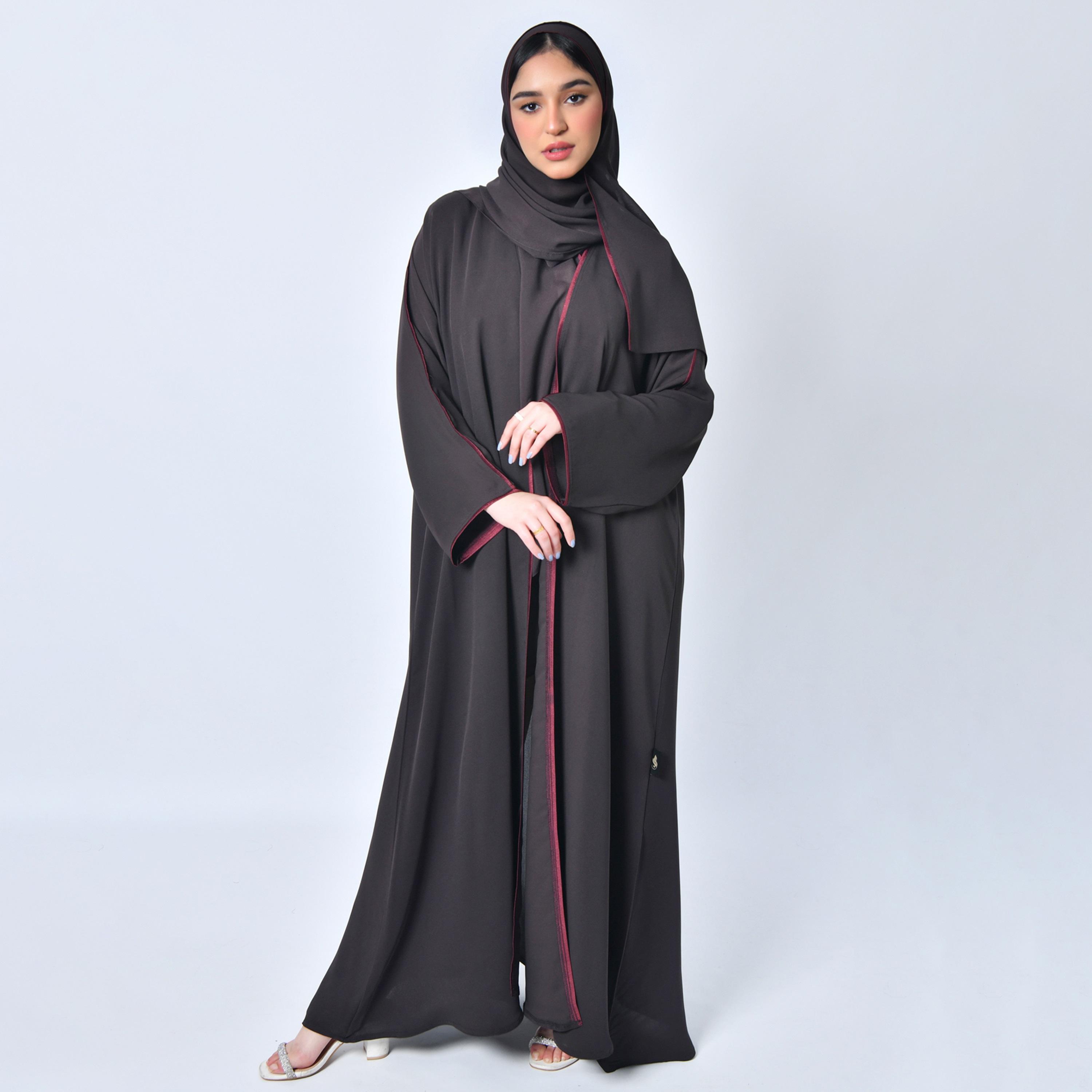 Hawraa Burgundy Border Lined Wrap Abaya with Hijab-women-arabicclothing-abayas-image-1